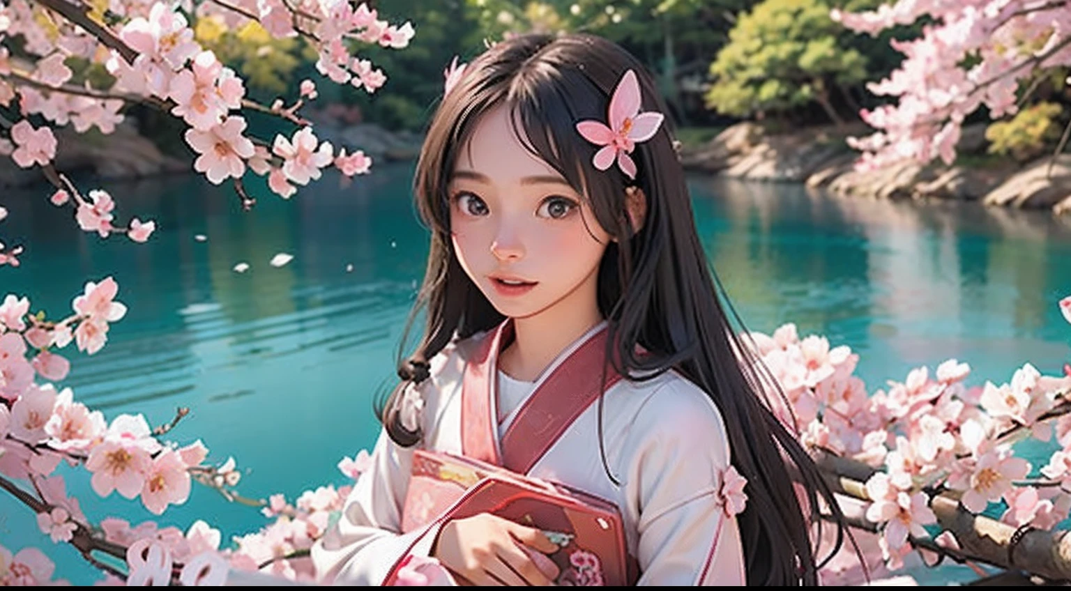 One nendroid standing in front of the painting、bionde、Yawning face、Sengai、pixiv、rokoko、dollfie dream、、flowing sakura-colored silk、Cherry blossom petals、Flowing cherry blossom silk、season!!: 🌸 ☀ 🍂 ❄、full body Esbian、ultradetailed eyes、Full Paint、Splash、(Floral hair ornament、butterfly hair ornament)、 masutepiece、Anatomically correct
