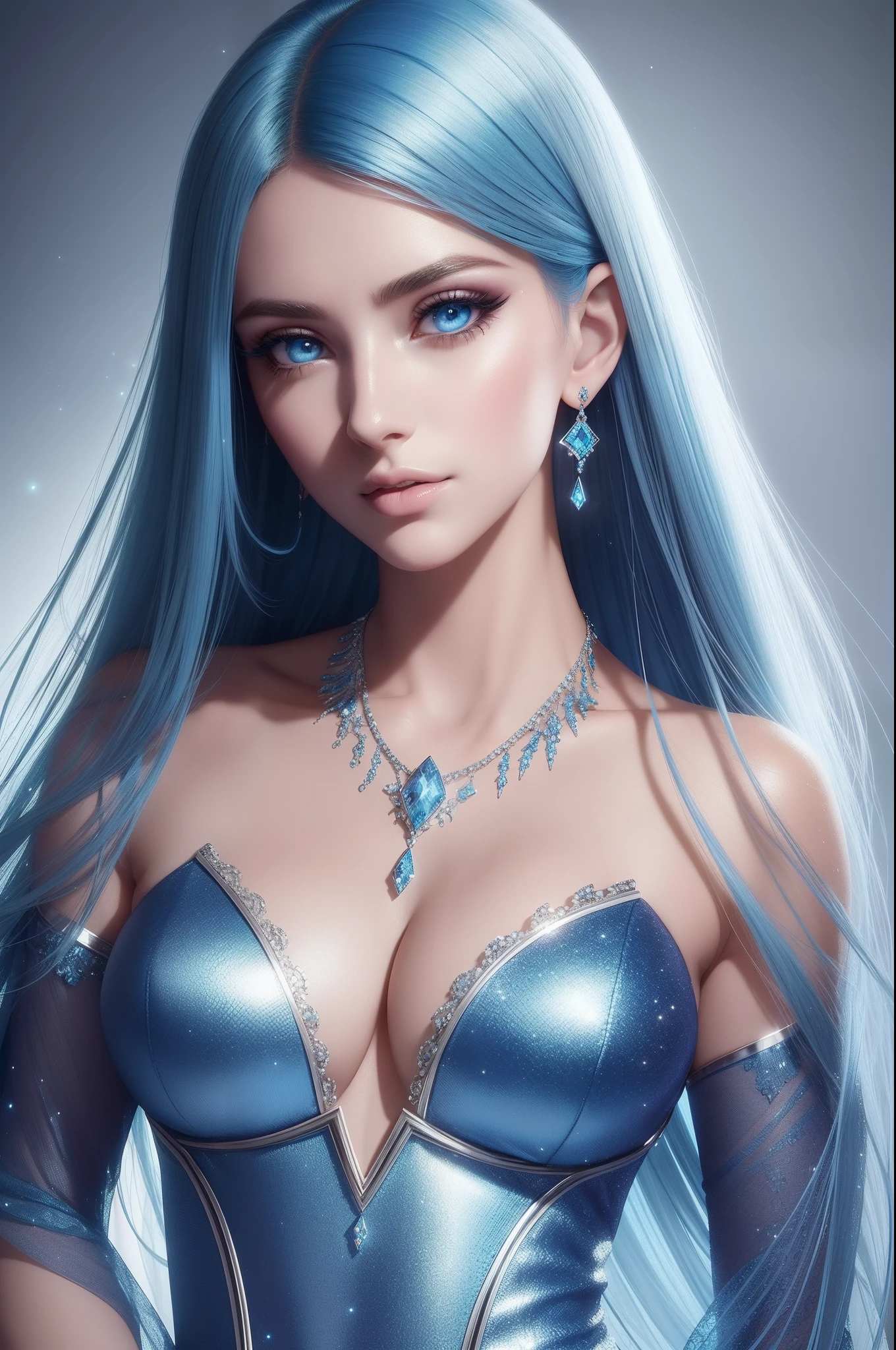 ultra detailed beautiful woman, 25 years-old woman, stunningly beautiful, stylish blue hair, blue dress, blue eyes, her whole head is visible with hair, blue jewel necklace, earrings, blue eyeshadow visible on her eyelids and eyeliner on her eyes, very long eyelashes, stuningly beautiful face, focus on face, holographic, light particles, ultra detailed illustration, hit definition, very bold and vivid colors, 32k resolution, best quality, volumetric lighting, “best quality”, “masterpiece", half of her body is visible, top of her dress is visible, ultra realistic, high-quality detail