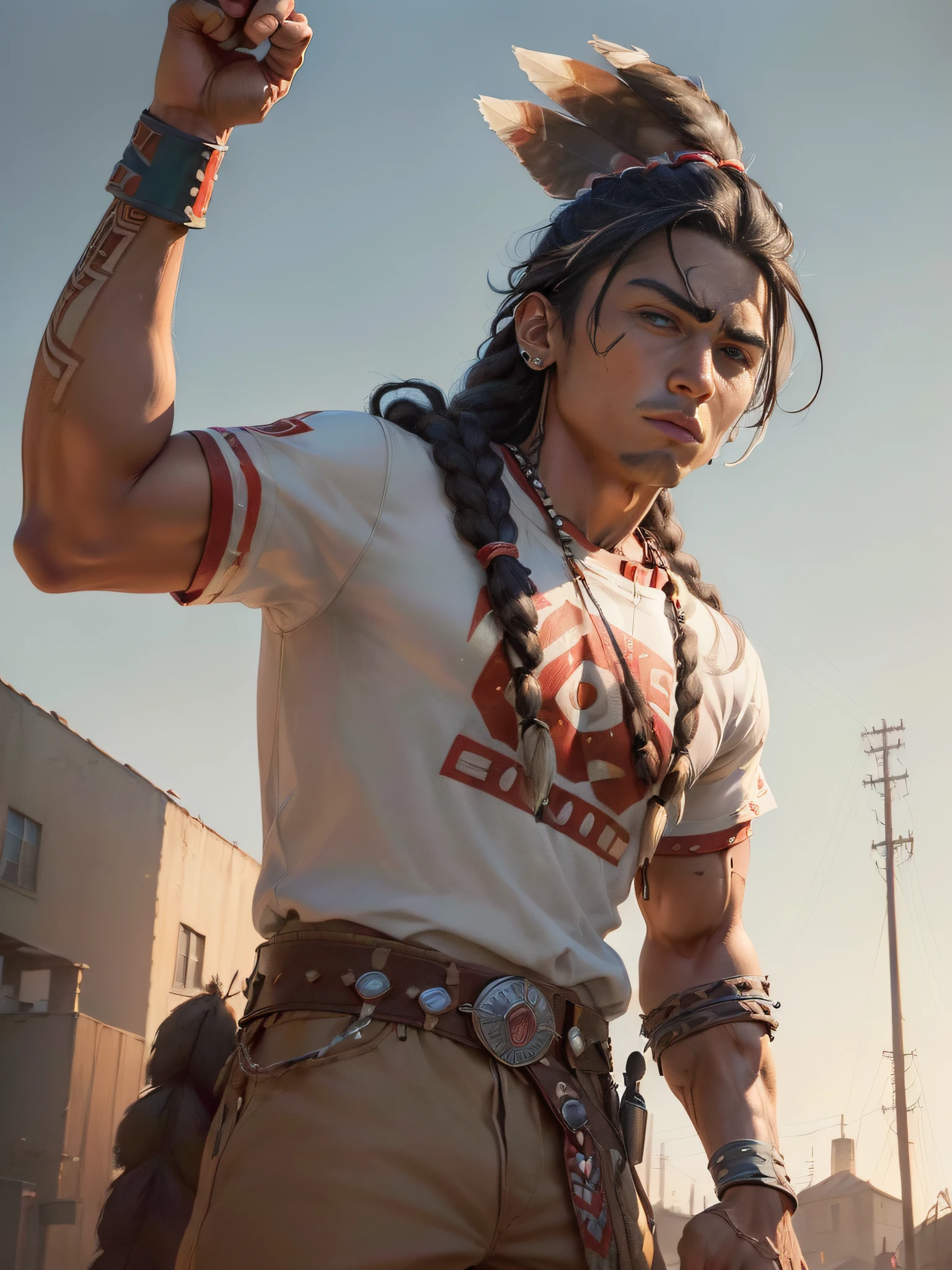 (superfine illustration, Best Quality, Ultra-detailed, :1.5), (native American male, raise one arm up to the sky, male focus, solo, Perfect fingers, Perfect hands:1.5), (is wearing personal clothing:1.5), looking forward, back alley as background, dreadlocks, hair pulled back, male face, male eyebrows, sharp eyes, sharp nose, forehead, from behind,