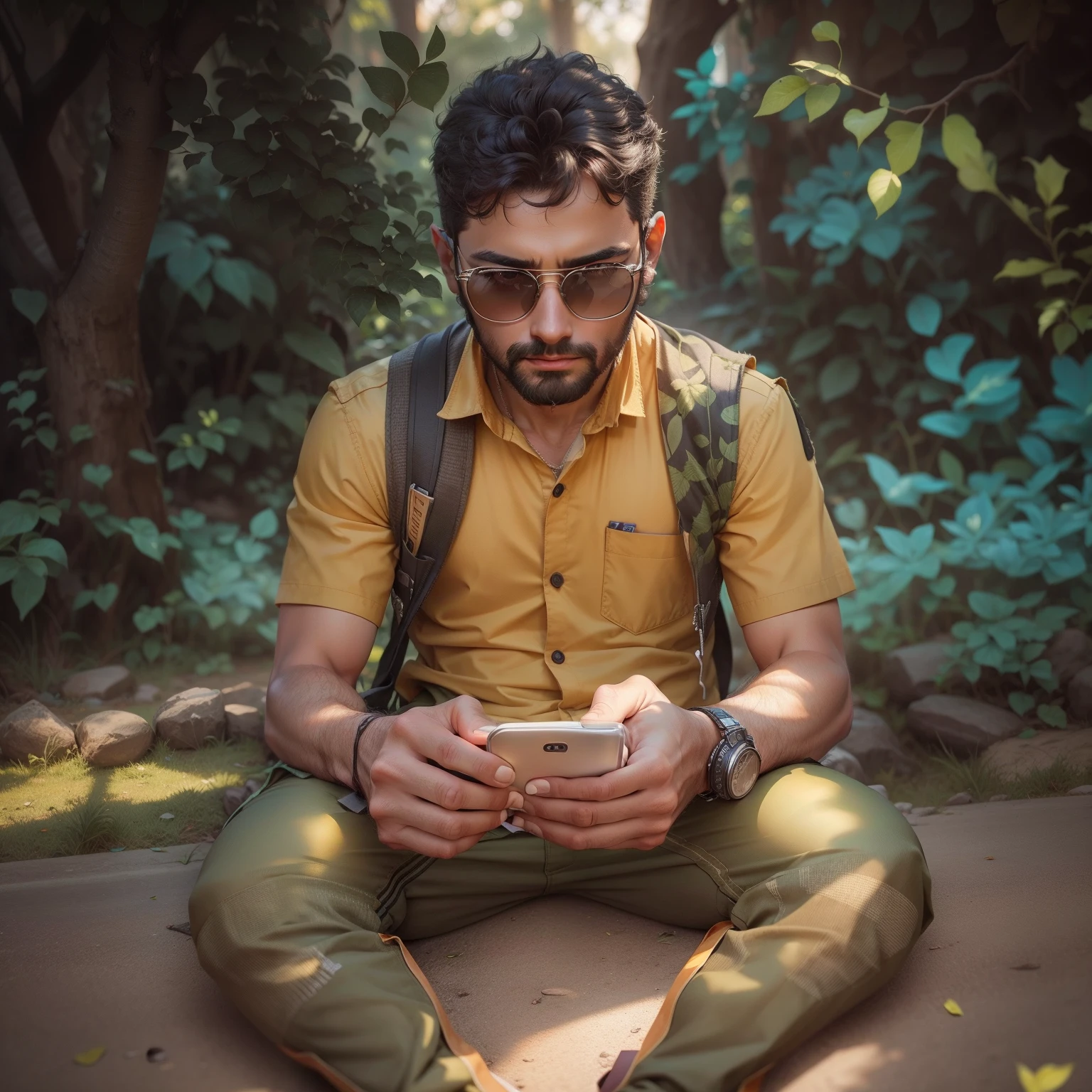 Sitting on footpath with nature with full pant like young boy