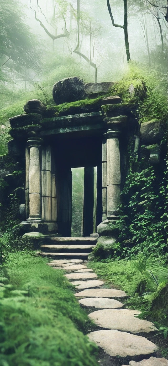 There is a stone path leading to the stone building with a gate, mysterious temple setting, secret overgrown temple, Temple ruins, ancient ruins in the forest, lost temple, Ancient temple ruins, Ancient temple, White stone temple ruins, Temple background, ruined temple, ancient magical overgrown ruins, ancient ruins background, ancient overgrown ruins, overgrown jungle ruins