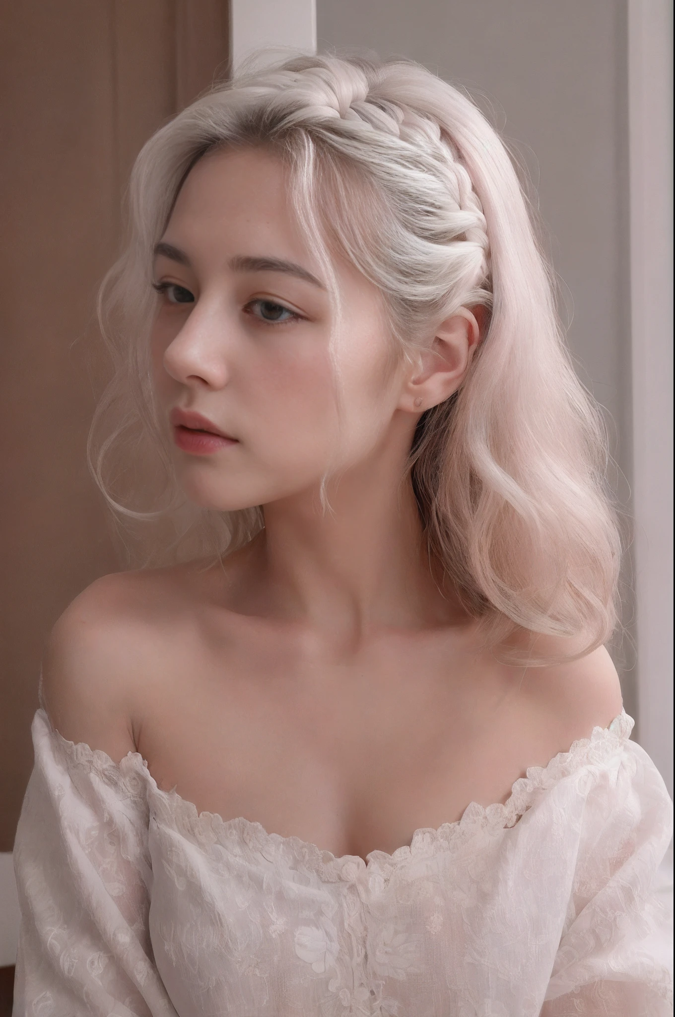 From Side,Close up of one girl, Wavy middle hair,blush, (White detailed skin), Full makeup, Sharp Focus, nffsw, 8K, (masutepiece),21 year old pretty woman