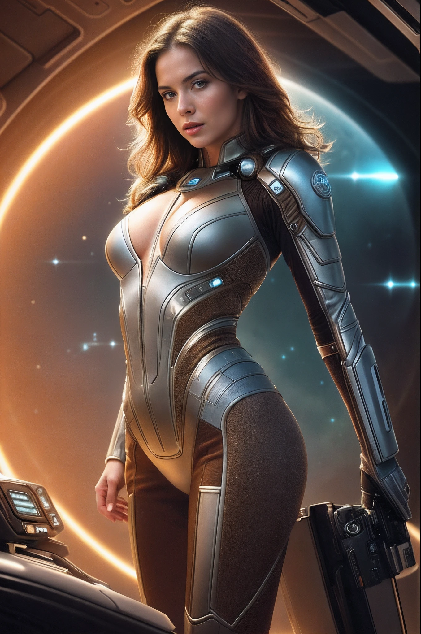 Masterpiece, a beautiful Swedish woman, ((Marilyn Monroe:Ingrid Bergman:0.5)), (high cut plunging revealing scifi suit), (medium breasts), (perfect body), (short brown hair), scifi spaceship cockpit background, (skin texture:1.1), best quality, ultra high res, Raw photo, Nikon D850, backlight, rimlight, bright sunlight, film grain:1.2, (warm hue, warm tone:1.2), (color photo), scifi effects, in the style of Boris Vallejo