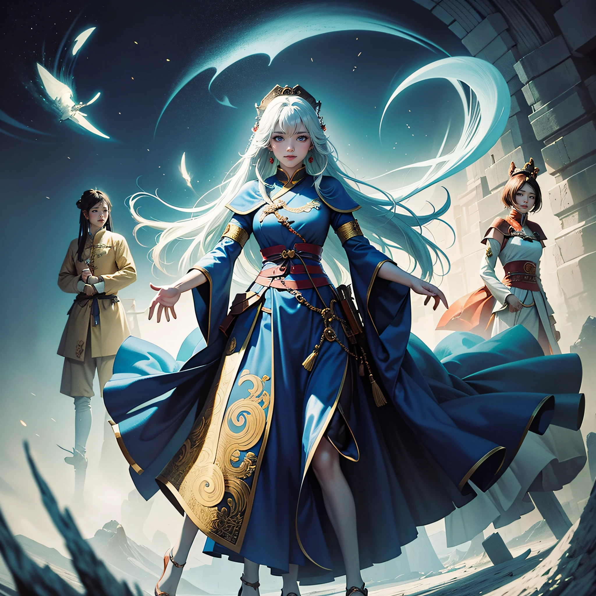 A cover poster about a ghost storybook，There are three women in the poster，A woman dressed in the costume of the Yin Shang Dynasty，A woman dressed in Western Han dynasty costumes，A woman dressed in Hungarian clothing，The vision is eerie