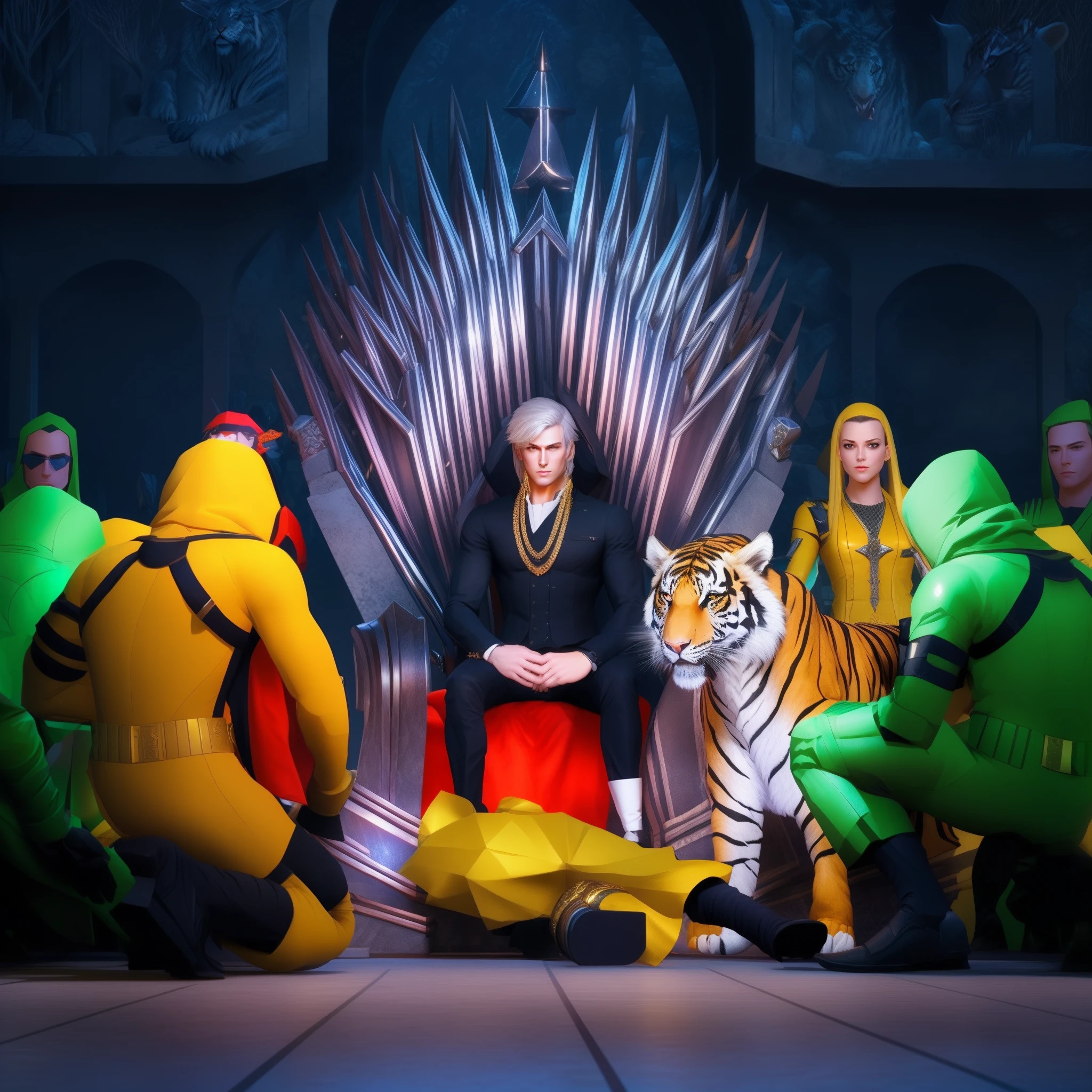 fking_scifi, a man sitting on a throne , white hair, (gray eyes:1.35), square jawline, asymmetric face, sitting on a throne with a tiger and many people outside there