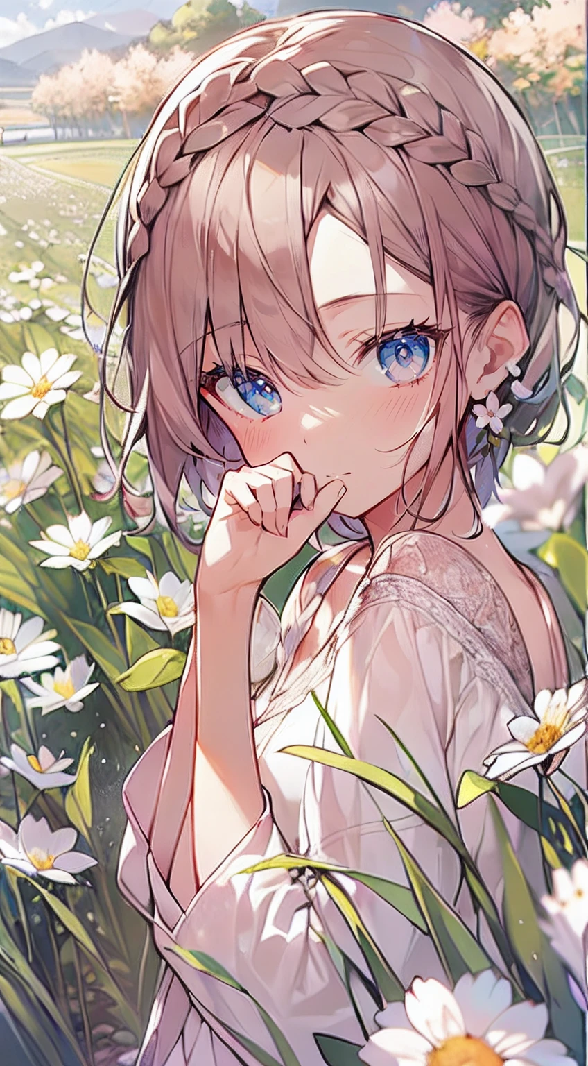 masutepiece, Best Quality,Illustration, Wallpaper, Ultra Detail, Absurd beauty、1 beautiful girl、 (Medium Short-Cut Hair、short braided hair), Beautiful ultra-detailed eyes , Hair fluttering in the wind、Keep your head small、flower field、great outdoors、Landscape of the flower garden