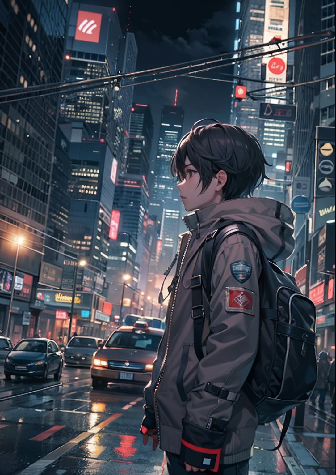1boy, arms folded、vests、full body shot of、The beginning of the adventure、Very dark sky、Lots of clouds,dense fog、large moon,future、dystopian、A group of very tall skyscrapers stands in the center、High brightness radio tower、Crowded skyscrapers、Signs、the street lights、taxis、the bus、Train、Fairly dim lighting、The Dark Road、Puddles、high high quality、masutepiece,8K,