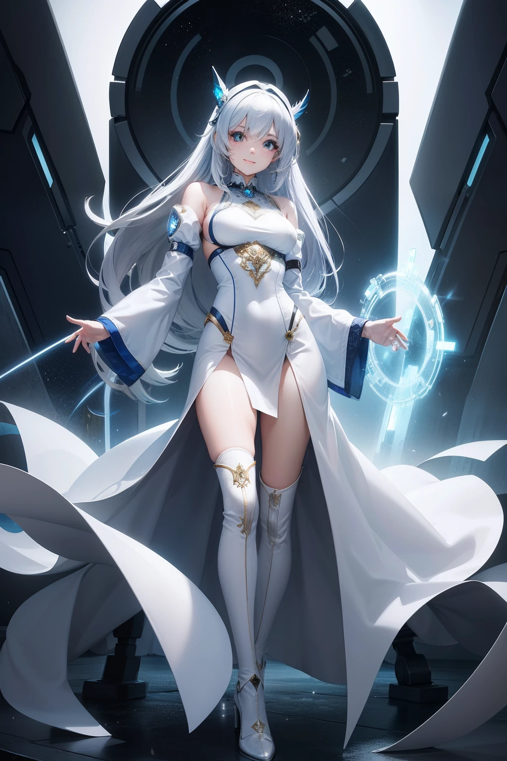 Alafed woman in futuristic suit、full body Esbian、Stand in a room with many metal objects, Still from Prometheus, White Russian clothes, rendering of beauty pageant, Mesh headdress, Machine Elf, Luxury Advertising, shoulders can be seen, Cyber Patterns, film still from the movie