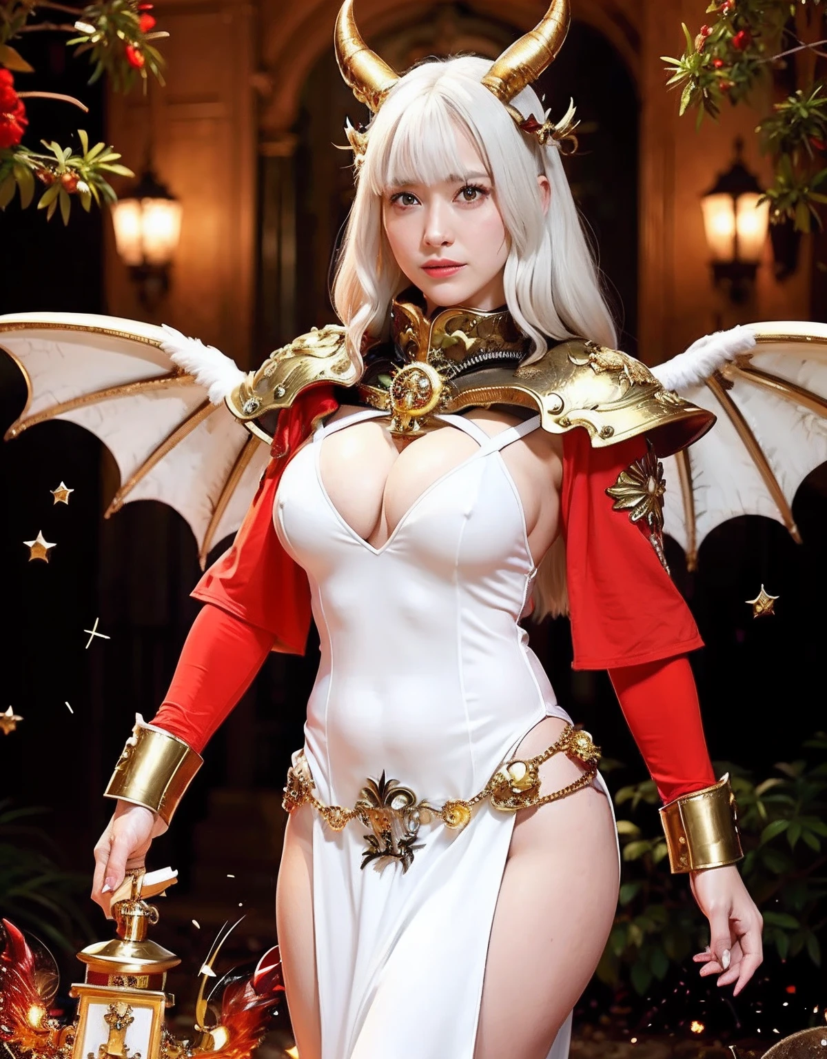Professional , masterpiece、top-quality、photos realistic , depth of fields 、Idle Smile、(White Gemstone Body:1.2),(Matte white with gold pattern、(cleavage of the breast)、Jewel Gold Weapon、Particles of light),Gorgeous gold weapons ,(( Dragon dense and gorgeous dragon sword)) , (demonic wings) ,warhammer 40k 、((White hair))、(Castle background)、(demonic wings)、((Gangle's forest background))、Beautiful Caucasian beauty、1a person、dynamic ungle,(((Two devil's horns on the head)))、Smaller head、Idle Smile、Thin and beautiful female hands、cleavage of the breast、Mystical expression、Light Effects、intense fighting、Wind-effect、magic circles、With the legendary magic wand、Dragon's tail、