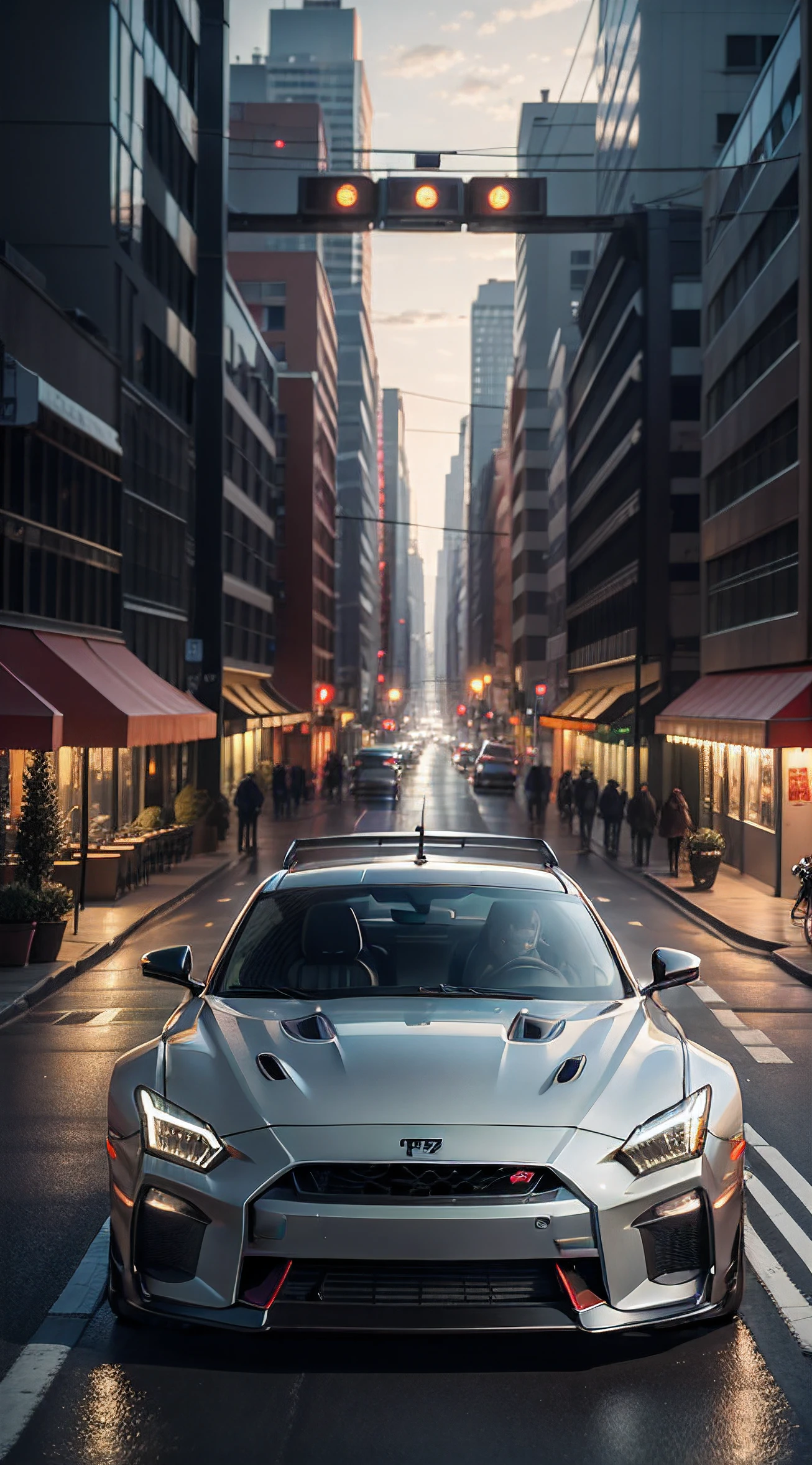 8K，HighestQuali，highest details，GTR-35（high detal），Coupe，Low lying down，Large tail wing，The body color is gray，，The background is on the road，The city is in the distance（high detal），There are a lot of buildings（Building，bldrnrst，the detail），the night，neonlight，the street lights，car lights，The crowd watched