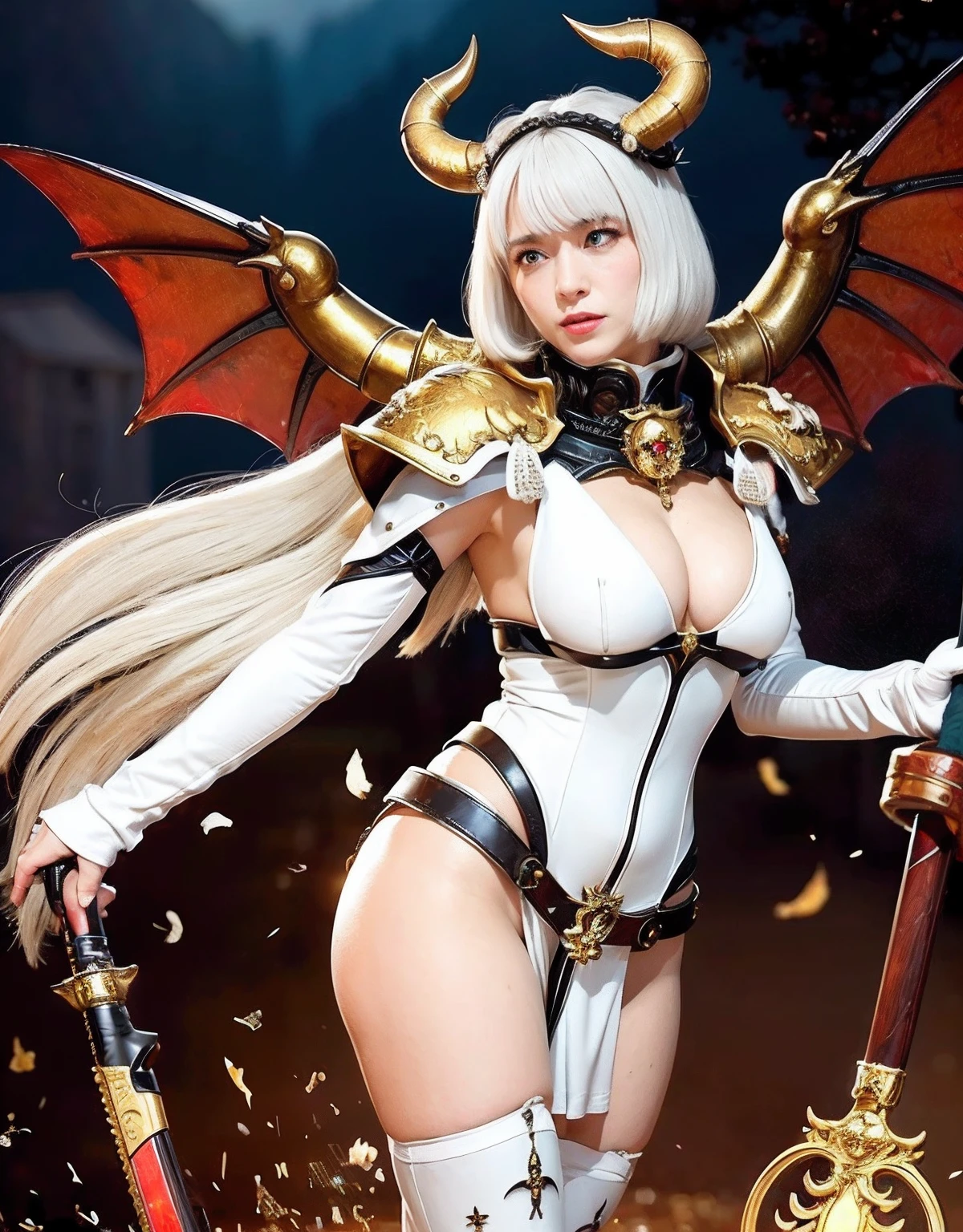 Professional , masterpiece、top-quality、photos realistic , depth of fields 、Idle Smile、(White Gemstone Body:1.2),(Matte white with gold pattern、(cleavage of the breast)、Jewel Gold Weapon、Particles of light),Gorgeous gold weapons ,(( Dragon dense and gorgeous dragon sword)) , (demonic wings) ,warhammer 40k 、((White hair))、(Castle background)、(demonic wings)、((Gangle's forest background))、Beautiful Caucasian beauty、1a person、dynamic ungle,(((Two devil's horns on the head)))、Smaller head、Idle Smile、Thin and beautiful female hands、cleavage of the breast、Mystical expression、Light Effects、intense fighting、Wind-effect、magic circles、With the legendary magic wand、Dragon's tail、