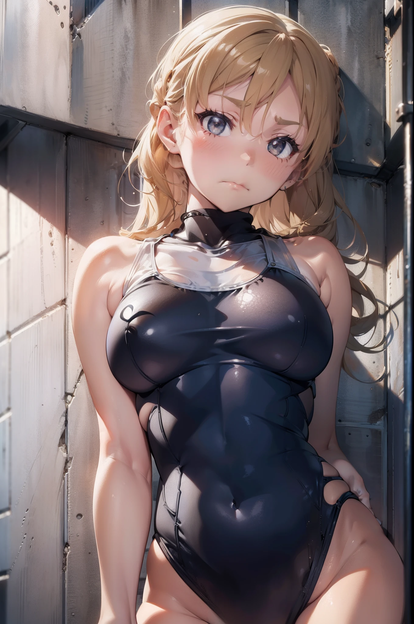 ZaraKC,blonde hair,(disdain:1.5),(disgust:1.5),blush,standing, right hand on chest,((masterpiece)),((best quality)),((high resolution)), ((ultra-detailed)),old style school swimsuit, (one-piece swimsuit), navy blue school swimsuit, landless swimsuit, 1girl, Solo,from below,((from front)),((concrete background)),((caged)),prison,basement,perfect anatomy,