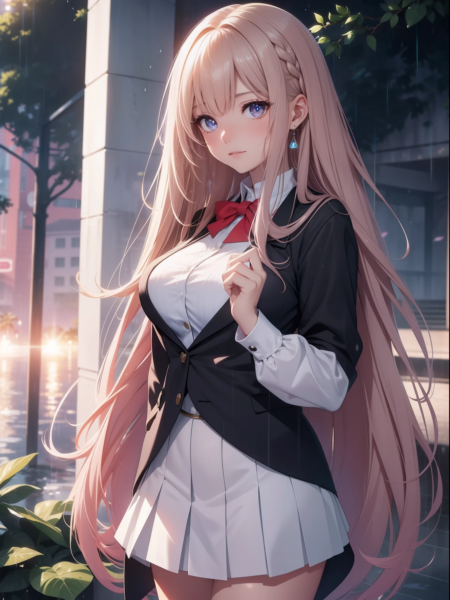 Tall and long stature，a giantess，masutepiece, high resolution, 8K, anime woman, Delicate and meticulous text 、detailed digital illustration、Very long hair and shine、bangs、A very beautiful woman、The eyes are twofold, Large, The bust is a D cup、High image quality, High quality、Detailed background、Wear a student uniform、early evening、rain is falling、Hair soaked by rain、Uniform wet rainwater、The inside of the eye sparkles like a diamond、Gray pupils、4 fingers, 1 thumb、detailed feminine face、I'm embarrassed、Very nice and lovely woman、、细致背景、tmasterpiece、Soft focus , Bright gradient watercolor , Lens flare , glitters , Glow , Dreamy , Light brown hair、Wet in the rain, Clothes that fit snugly to the body and pale pink bras can be seen through、Heavy Rain Background、Beautiful water background、A miniskirt、There is nothing at hand、Cover your face with your hands in embarrassment、Reddening cheeks、Beautiful rainbow on background