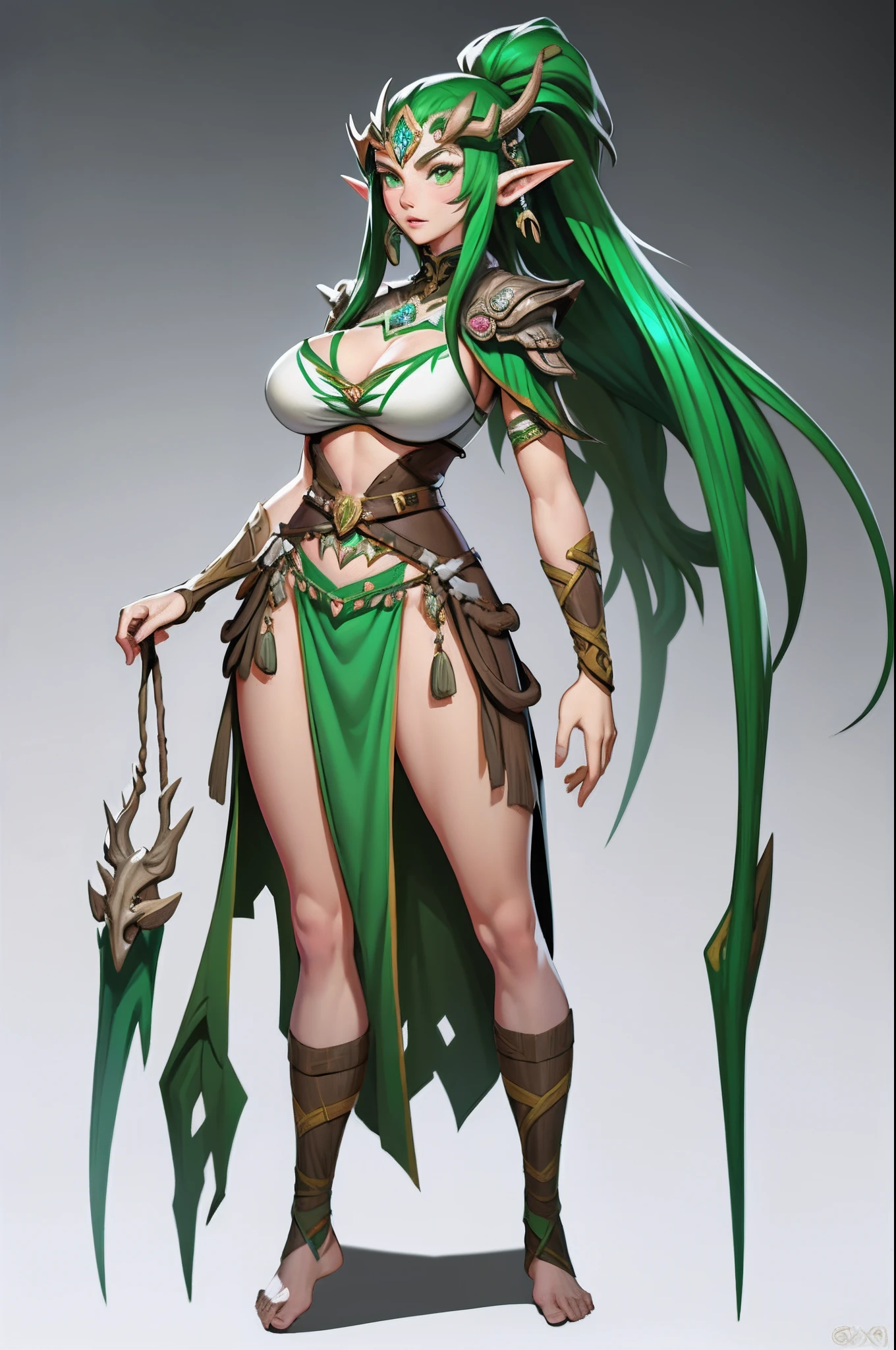 1个Giant Breast Girl（Elves）、green elven clothes、独奏，full bodyesbian，European and American cartoon design，Primitive tribal elements，standing on your feet，white backgrounid，Magical fantasy design，character concept design，Beautiful face and eyes，tmasterpiece，best qualtiy，Best resolution，high definition detail