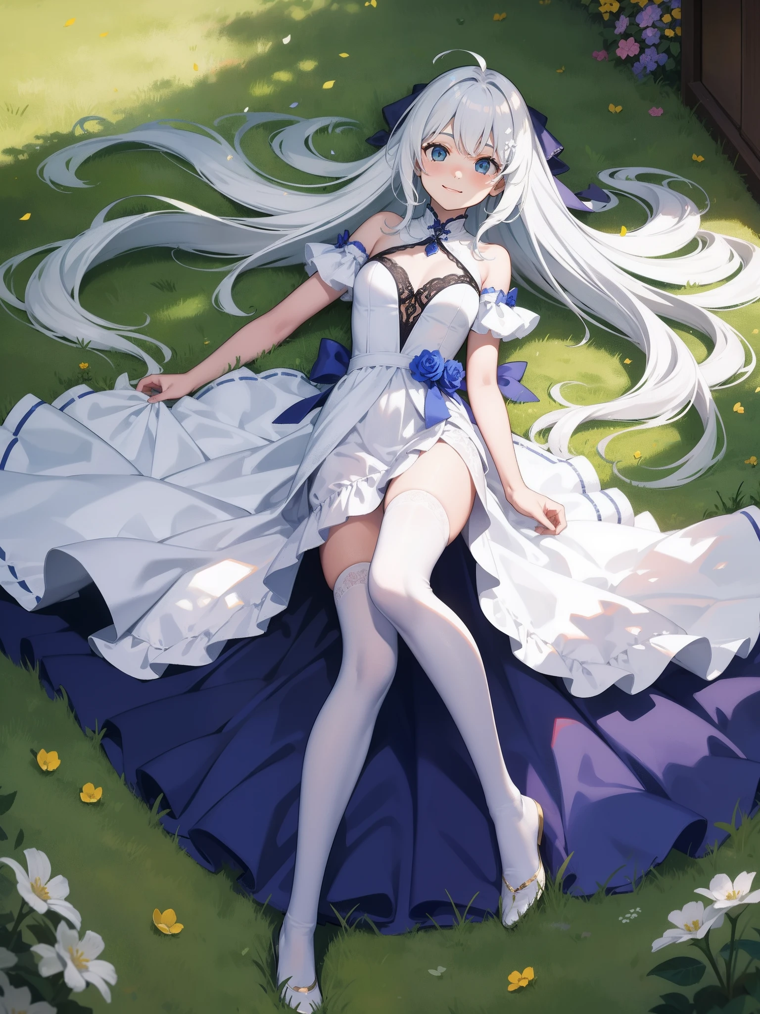 robe blanche,depth of fields,Tilt forward,Floating hair,cabelos preto e longos,ssmile,outside of house,blue-sky,云,mare,white stockings,lying on the lawn