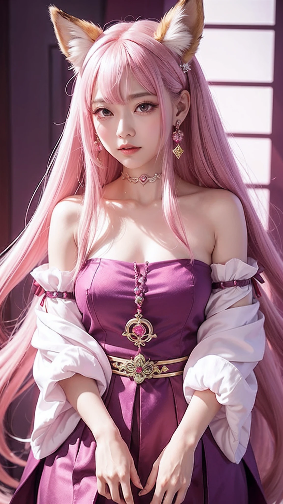 Yae Miko,It gives the feeling of an adult woman,She has pink eyes and crumbs in her eyes,Her long silky pink hair was tied up at the ends,Fox ears, Symbolizes his status as a divine messenger, They are earrings set with purple gemstones all year round...