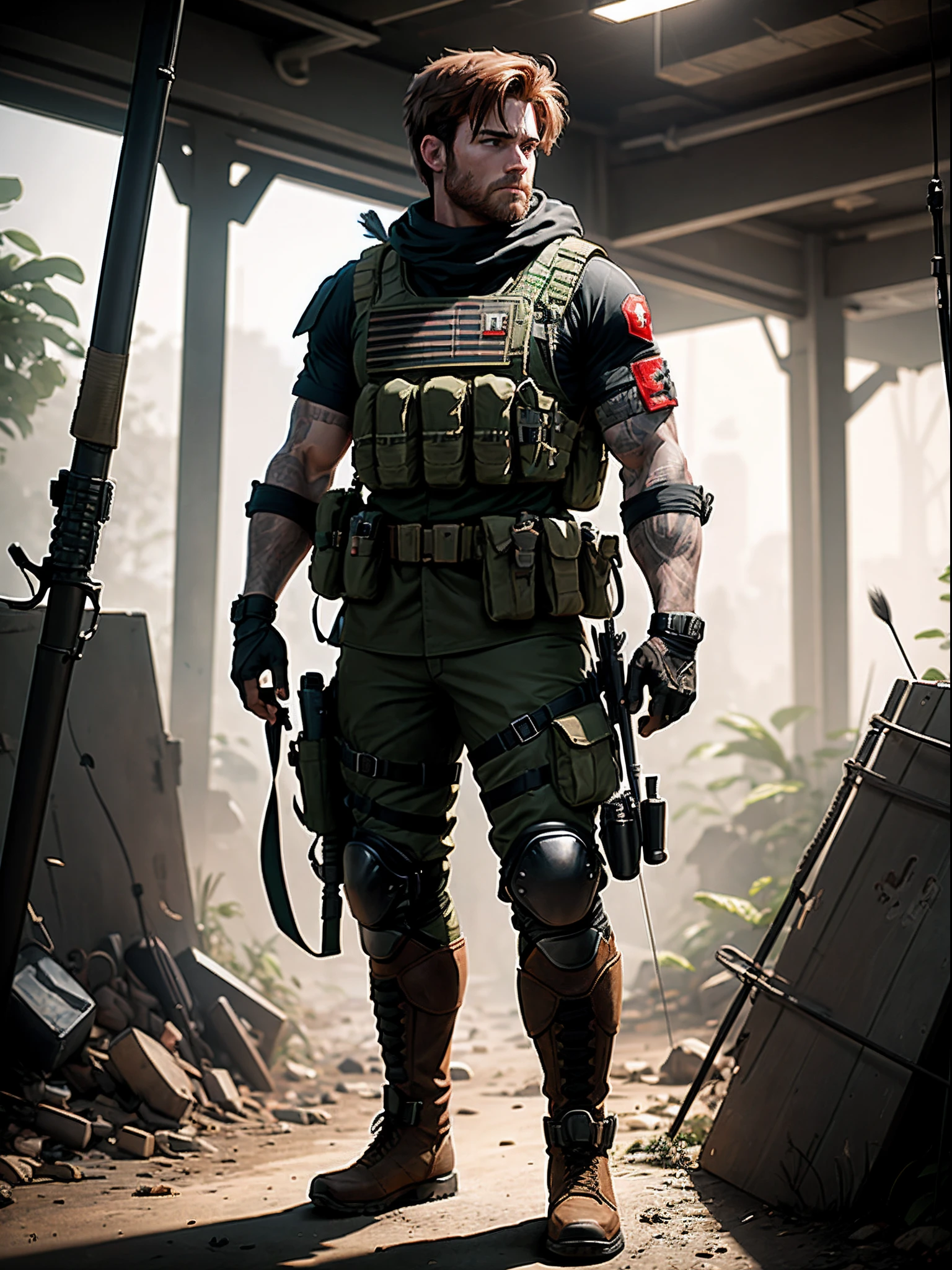 boots, canadian male, full body, holding a bow and arrow in his hands, knee pads, male focus, military, military uniform, pouch, reddish-brown hair, clean-shaven, solo, standing, assault vest, drop-down pistol holster, jungle background, battle, tanks, explosions, gritty war-torn atmosphere, black ops,
