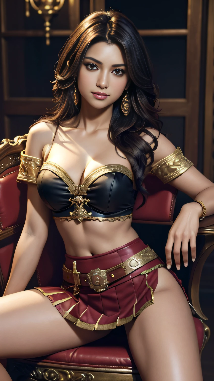 "((top-quality)), ((masterpiece)), (detaileds: 1.4), 3D Realistic Oil Painting , Sexy and charming pirate Shtabasad smiles mischievously, sexy midriff, Slim waist, epaulette, Seductive cleavage, Pleated mini-skirt, Sharp details, Frivolous and scandalous, bright skin, (Enchanting night), Ron Hicks Style, ArtGerm, by Greg Rutkowsky, Movie Rendering ",(The most beautiful girls of real India)、(((Sit on a chair and open your legs)))、Click here for the line of sight、