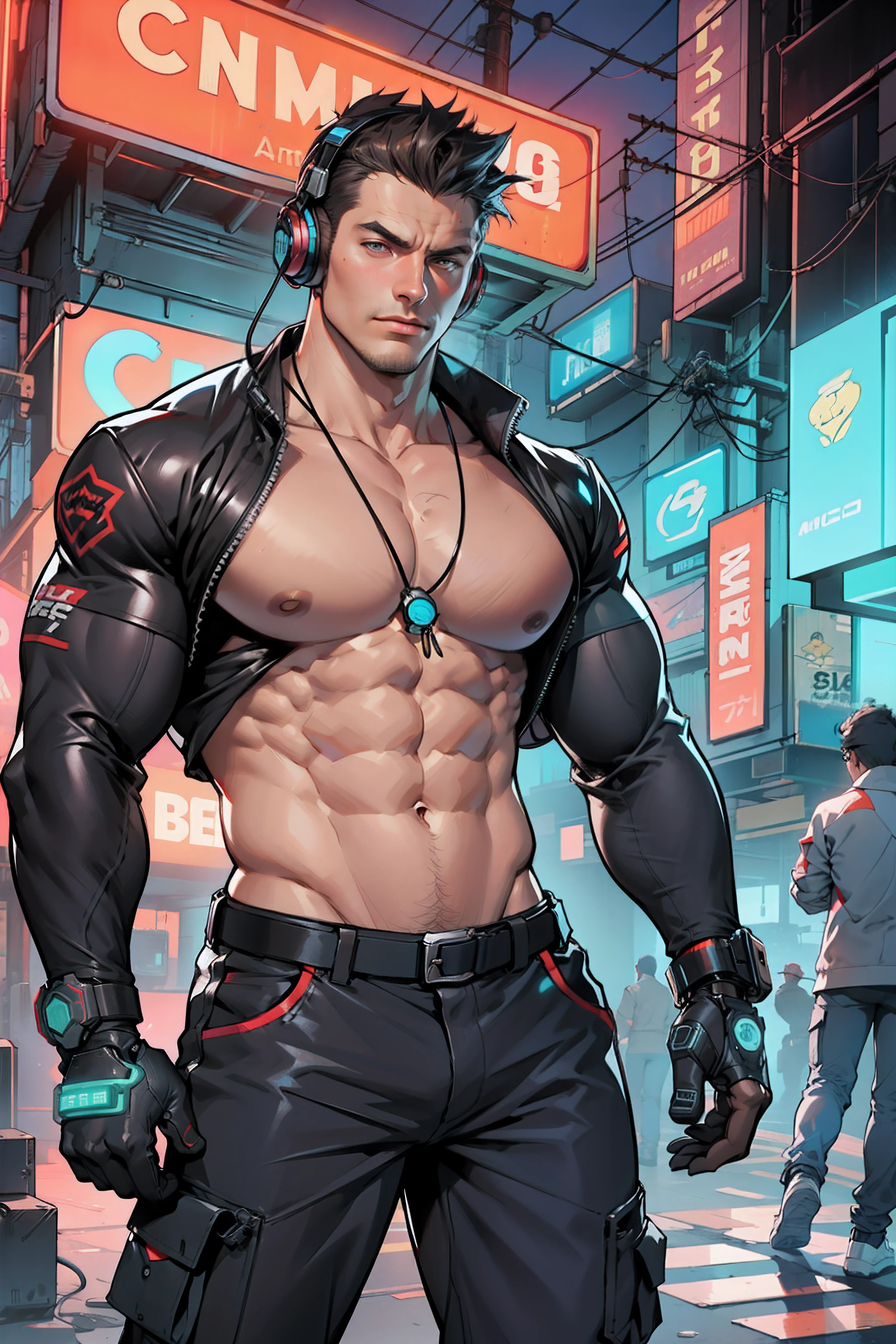 Mature, male, handsome uncle, muscular macho, bodybuilding, muscle behemoth, pectoral muscles, abs, muscle bulge, in mechanical city, cyberpunk style, mechanical headphones, cargo pants, mechanical wind, neon lights, mechanical repairman, tall