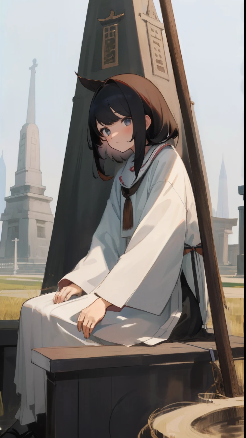 ​masterpiece, top-quality, 1girl in, The upper part of the body, sitting on, sweeping bangs, shorth hair, , A dark-haired, doress, frilld, shrines