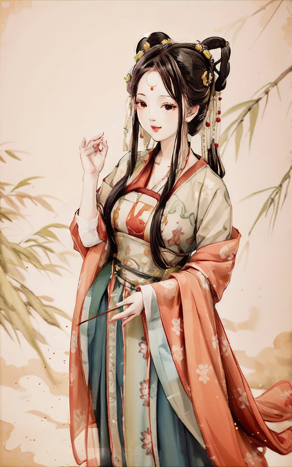 shukezouma, Negative space, , shuimobysim , Portrait of a woman standing , Willow branches, (Masterpiece, Best quality:1.2), Traditional Chinese Ink Painting, ModelShoot style, Peaceful, (Smile), view the viewer, wearing long hanfu, Hanfu, Song, Willow tree in background, wuchangshuo,