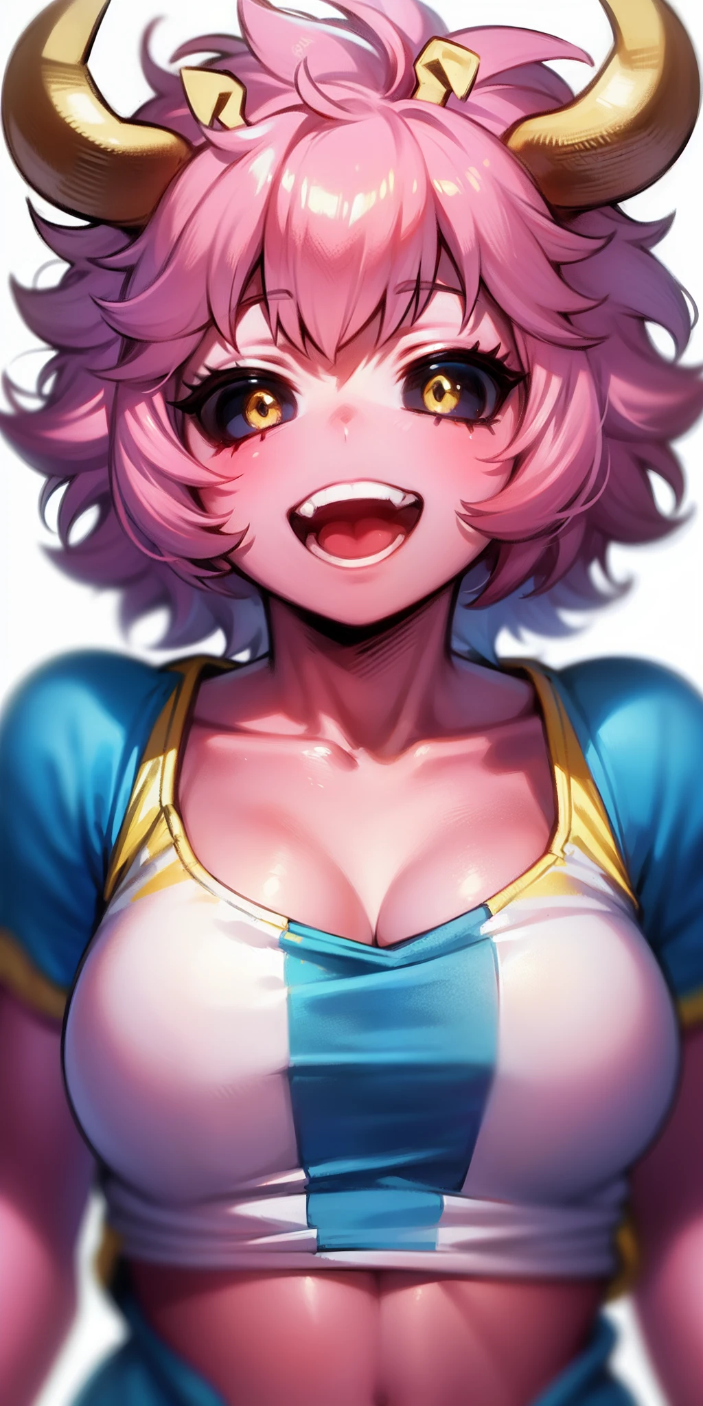 mina ashido, 1girl, solo, breasts, short hair, medium breasts, shirt, white background, collarbone, yellow eyes, upper body, pink hair, short sleeves, horns, teeth, colored skin, blue shirtteeth, happy, colored sclera, emphasis lines, black sclera, pink skin