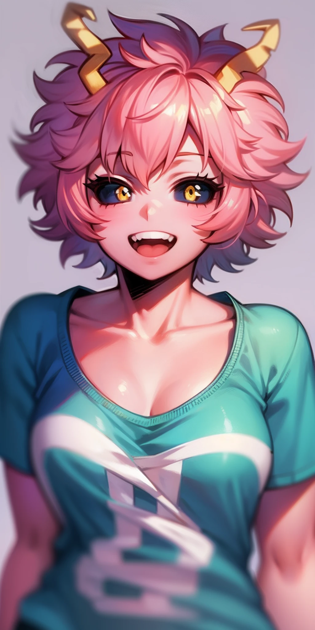 mina ashido, 1girl, solo, breasts, short hair, medium breasts, shirt, white background, collarbone, yellow eyes, upper body, pink hair, short sleeves, horns, teeth, colored skin, blue shirtteeth, happy, colored sclera, emphasis lines, black sclera, pink skin