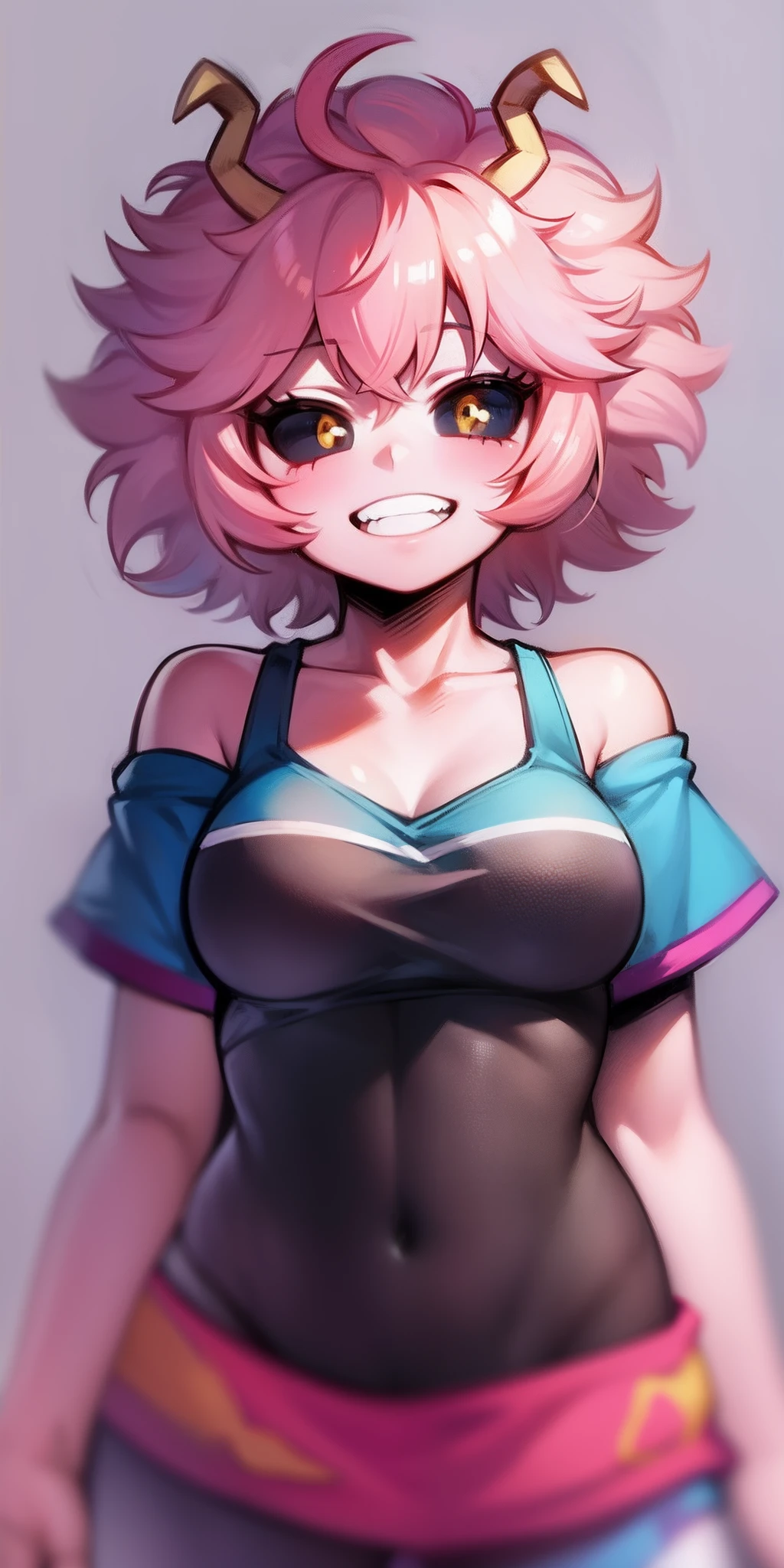 mina ashido, 1girl, solo, breasts, short hair, medium breasts, shirt, white background, collarbone, yellow eyes, upper body, pink hair, short sleeves, horns, teeth, colored skin, blue shirtteeth, happy, colored sclera, emphasis lines, black sclera, pink skin