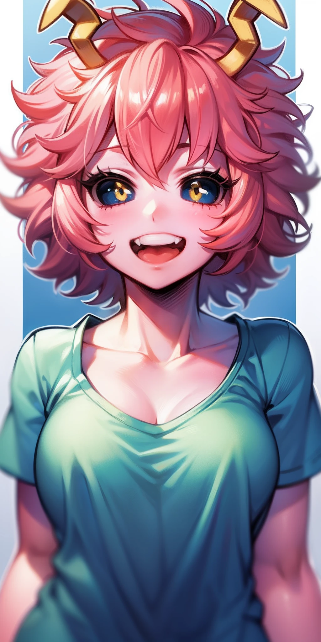 mina ashido, 1girl, solo, breasts, short hair, medium breasts, shirt, white background, collarbone, yellow eyes, upper body, pink hair, short sleeves, horns, teeth, colored skin, blue shirtteeth, happy, colored sclera, emphasis lines, black sclera, pink skin