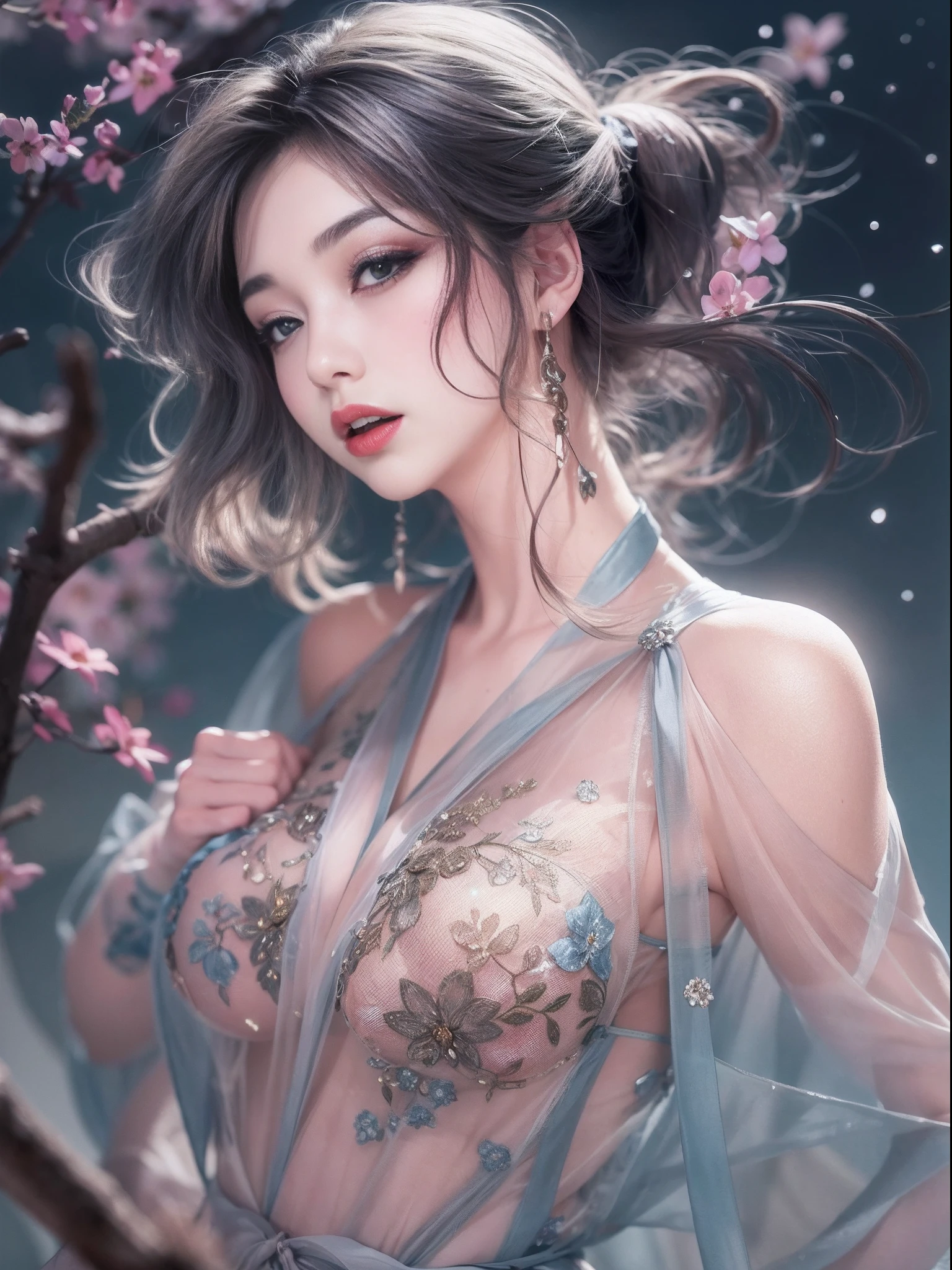 loose outfit、Show shoulders、Navel Ejection、How to wear a gown with a dark see-through halter neck broken、Decorated with intricate patterns and pastel colors、Transparent material that makes the skin shine、Artistic depiction of seductive woman in gown with wet thin cloth and transparent skin, Floral and fantastic pattern with flowing silky traditional see-through skin。Her dress draped elegantly around her curvaceous figure、Emphasizes her charming silhouette。She's a gentle fireworks night、Dynamic Posing、Sexy Posing、bathed in the soft glow of moonlight。The scene is、With a hint of mystery and sensuality、It exudes an ethereal dreamy atmosphere。The image style is、It incorporates a blend of watercolor and digital illustration techniques.、It makes you feel delicate beauty and charm。Soft moonlit lighting、Cast gentle highlights and shadows on her mesmerizing features。Dynamic Posing、Bold poses、The hand is somewhere、see -through、show through、A sexy、Wet hair、Wet、cherry trees、flower petals、cherryblossom、The cherry tree、Sakura blizzard、buried、Transparent skin、Wet clothes、Chest Pulling、Translucent clothes、Eau、nudde、garterbelts、fishnet tights、huge moon、Upper body photography、masutepiece