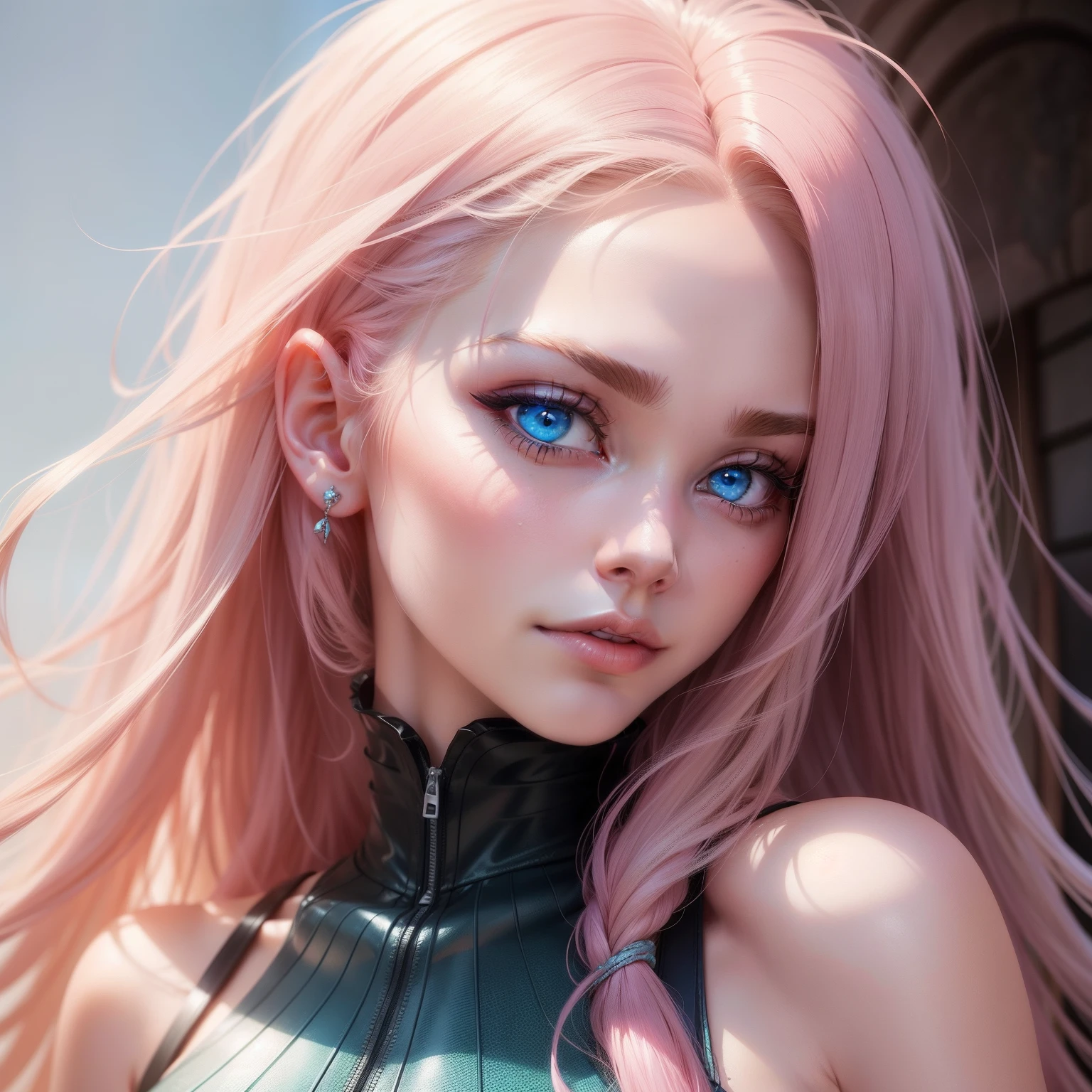 Pink hair woman with green eyes and long hair posing for a picture, kimberly asstyn, green eyes and blond hair, she has blue eyes, profile pic, blue eyes on the face, stunning closeupheadshot, profile image, profile photo, blue symmetric eyes 24yo, lorena avarez, blonde hair and blue eyes, 4 5 yo, with blue eyes!!!!
