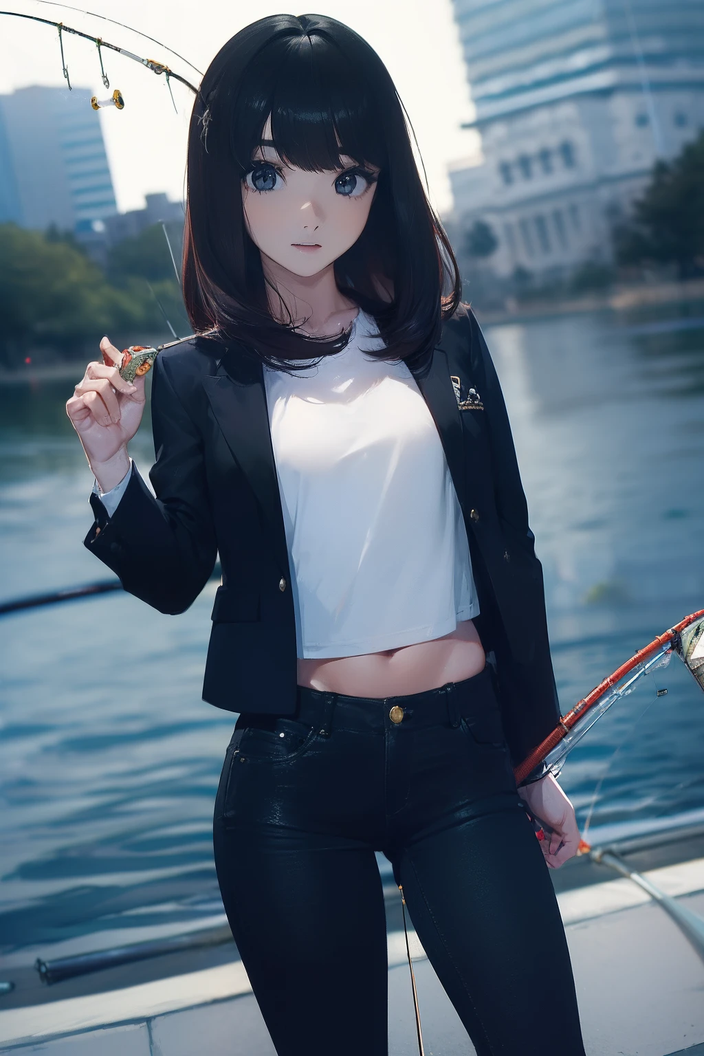 ((((casting a lure and having fishing rod with a reel by the lakeside:1.5)))),((Female 28 years old)),((Best Quality:1.5)),(((Hands with the correct number and structure of fingers:1.4))),((Big fish:1.37)),hight resolution,ultra-detailliert,masterpiece,best qualtiy,(Eight-headed body),Black hair, long eyes-lashes, Solid Circle Eyes, drop shadow, Atmospheric perspective,Super Detail, ccurate, small brest,(Black jacket and black jeans :1.1),top-quality, blurry backround, bokeh dof:1.2, (masterpiece:1.3), Atmospheric perspective,Super Detail,dynamic compositions,