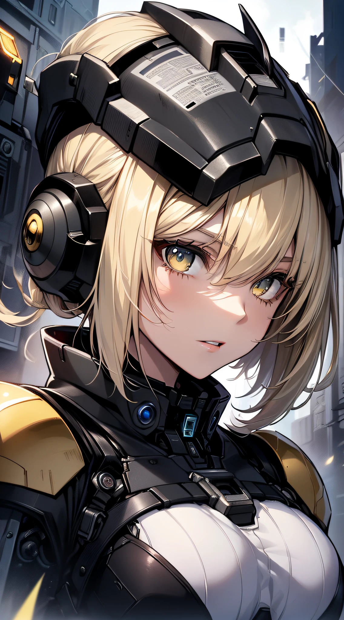 top-quality、Top image quality、masterpiece、Mecha Girl((18year old、Black and white mechanical parts、Beautiful robotic arm,Black tights,Best Bust、Bust 100、a blond、poneyTail、Breasts wide open,You can see a large valley、、Goldeye、Dye cheeks、Strong eye power、Looking down on the viewer、black head、Armament preparation))hiquality、visualart、Background with((World of the Apocalypse、Black sky、))、Depth((Android Legion))