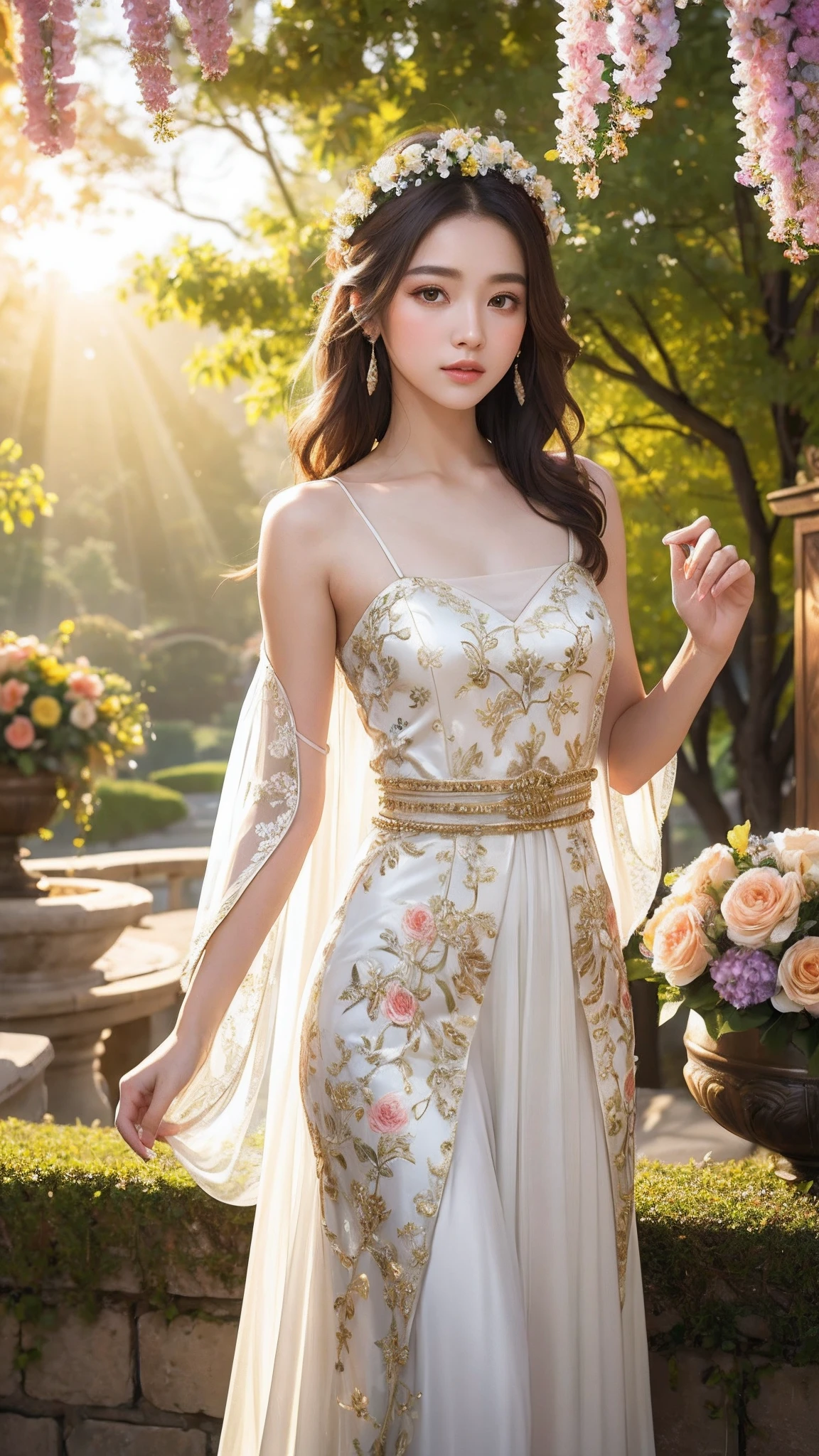 There is a young one, 20 years old ((Masterpiece Best Quality 4K)) Ultra photo realsisim, Golden Twilight, Multi-colored natural flowers, White silk wedding dress, Background floral portal, Depth of field, Brown hair, suns rays, oriental girl, Black eyes, ultra-realistic realism...