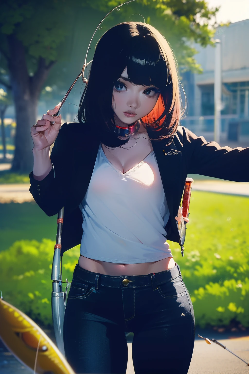 ((((casting a lure and having fishing rod with a reel by the lakeside:1.5)))),((Female 28 years old)),((Best Quality:1.5)),(((Hands with the correct number and structure of fingers:1.4))),((Big fish:1.37)),hight resolution,ultra-detailliert,masterpiece,best qualtiy,(Eight-headed body),Black hair, long eyes-lashes, Solid Circle Eyes, drop shadow, Atmospheric perspective,Super Detail, ccurate, small brest,(Black jacket and black jeans :1.1),top-quality, blurry backround, bokeh dof:1.2, (masterpiece:1.3), Atmospheric perspective,Super Detail,dynamic compositions,