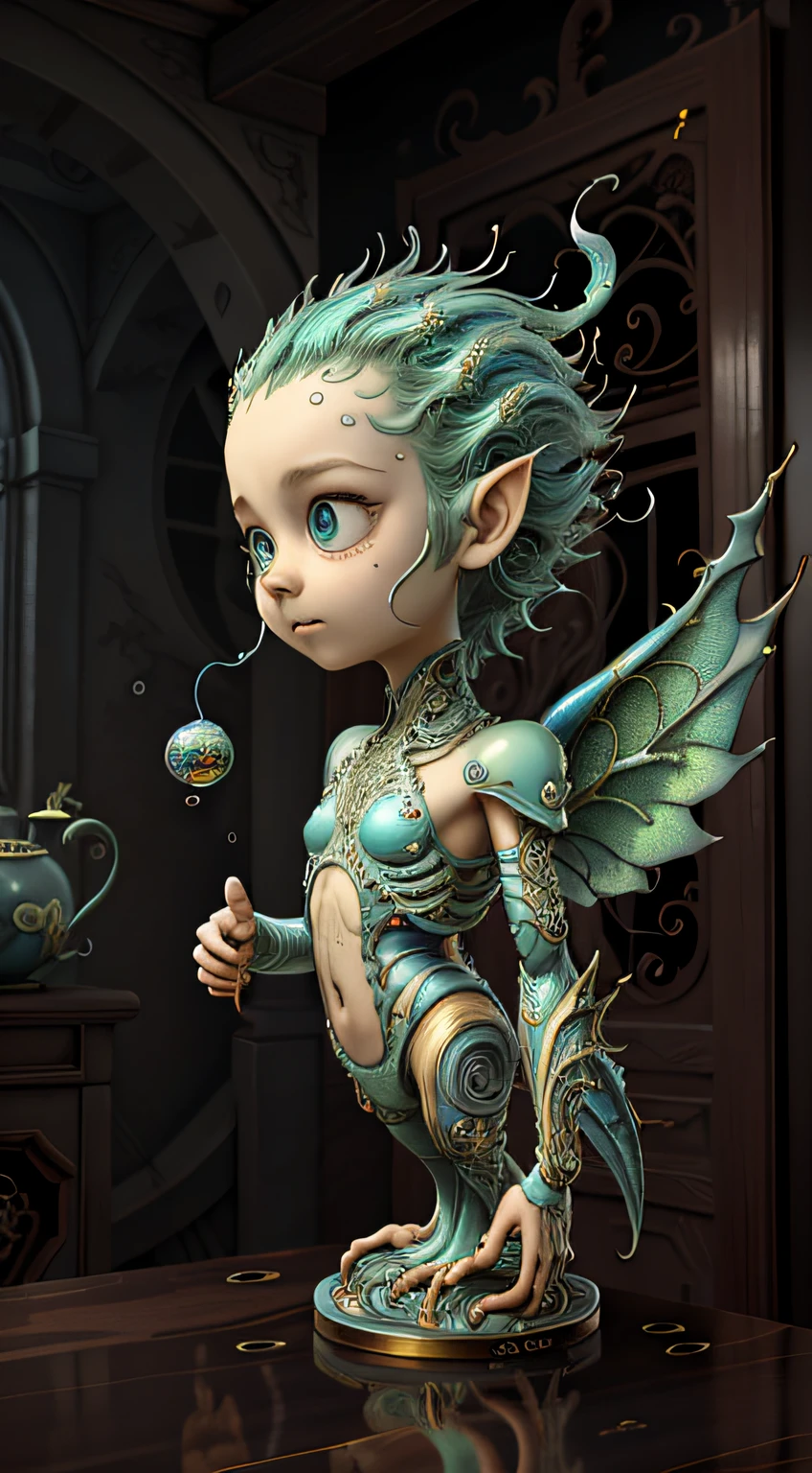 (best quality: 1.4), (masterpiece: 1.2), detailed, complex, high resolution, iridescent colors, A charming and fascinating creature with otherworldly forms that blend the best aspects of the monster human form and the innocent charm of a precocious , scales, wings, blue, texture, complex, gorgeous, 3D, highly detailed, decorative style, Tim Burton, Dale Chihuly, Bruce Zheng, Cyril Rolando, H. R. Giger $plastic$ Grid: Real Lenoid afremov style, wet, fire