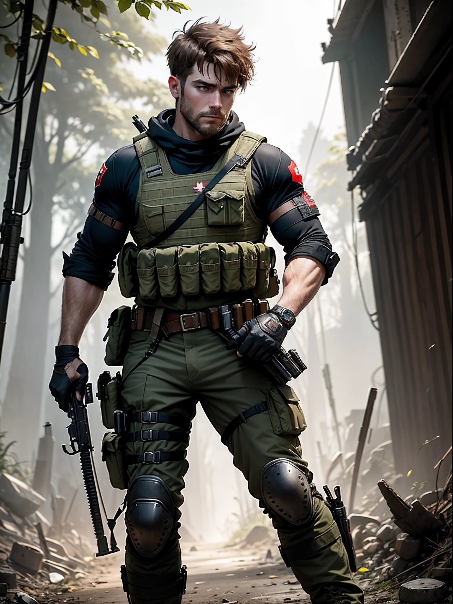 boots, canadian male, full body, holding a bow and arrow in his hands, knee pads, male focus, military, military uniform, pouch, reddish-brown hair, clean-shaven, solo, assault vest, drop-down pistol holster, jungle background, battle, tanks, explosions, gritty war-torn atmosphere, black ops,
