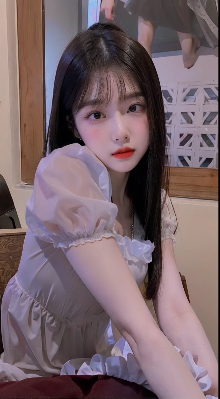 Top quality, Masterpiece, 超高分辨率, (Realistic, : 1.4), Original photo, (True skin texture: 1.3), (filmgrain: 1.3), in a panoramic view, Portrait, Very wide lens, Narrow waist, cowboy lens, (bangs, Inconspicuous, Cold light,) Night, Close-up, Tears, Short hair, neck long, ears sticking out, bangs, Big eyes, Brightly Colored Eyes, In the house, Dust, Tindall effect, (Facial expression), Sitting, (hitting a wall), Crying, Frowning, (Looking down), Nervousness, Tears, smiling happily
one girl, eyes and face with beautiful details, White jabot, pink dark V, Brown eyes,