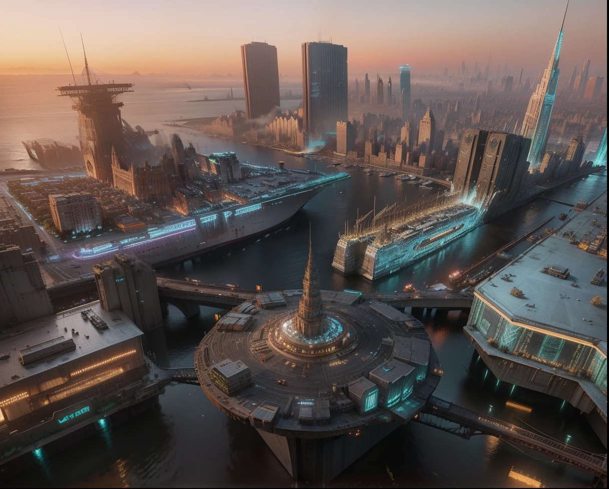 retro-futurism, a cyberpunk urban fantasy New York City made of metal and concrete and technology by the sea, towering defensive walls, shipping docks, intricate details, 8k high resolution, volumetric lighting, neon ambiance, detailed matte painting, deep color, fantastical, intricate detail, splash screen, complementary colors, fantasy concept art, 8k resolution trending on Artstation Unreal Engine 5