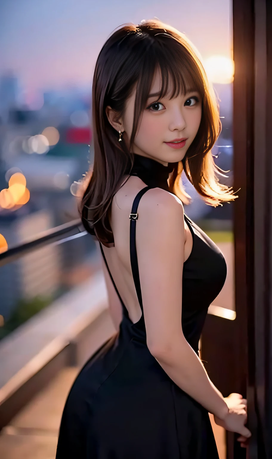 1girl in、(looking looking at viewer)、(bokeh dof:1.1)、Parted lips、Shy smile、realisitic、Wearing a black dress、gravure、A sexy、sky line、realisitic、Beautuful Women