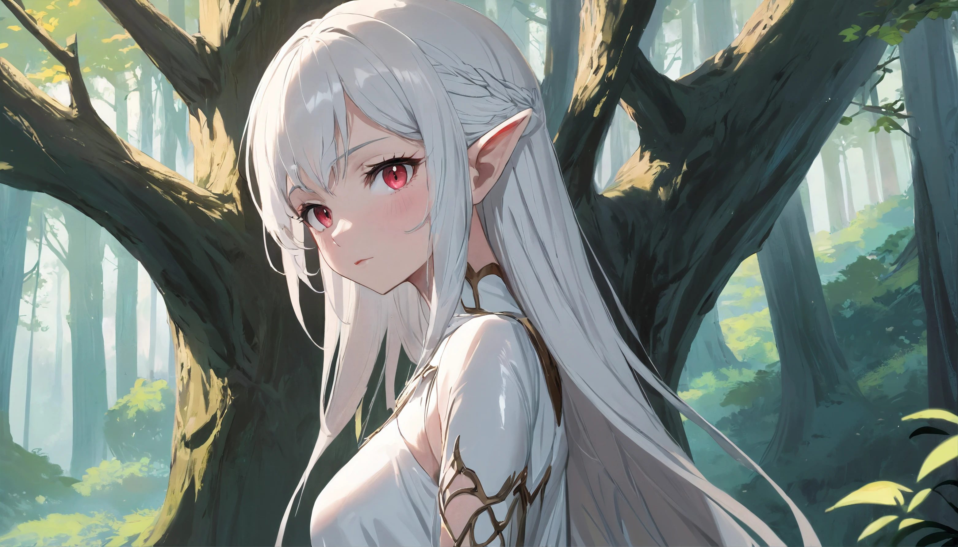 Natural head and body proportions，There is no obvious sense of line，The painting style is delicate，ln the forest，The upper part of the body，Leaning against a tree，elvish ears，White waist-length hair，By bangs，Indifferent face，Dreamy，Fingers are not visible，The soles of the feet are not visible，white dresses，Clover pupils，red pupils，The chest is small，Pubic area is clear，A masterpiece，8k