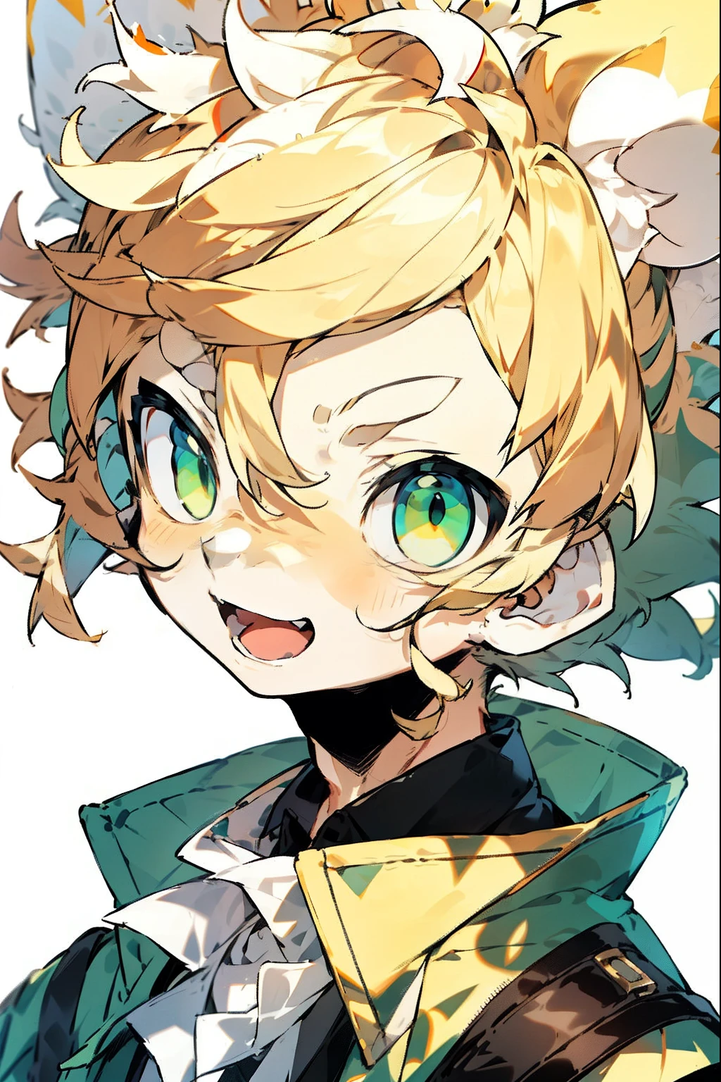 blond boy，Green eyes，The expression is sunny and cheerful，Hair is curly，Handsome face