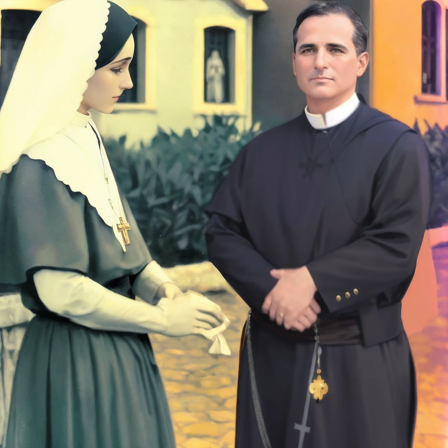 imagem de um homem e uma mulher em 1920. AO man is a Redemptorist Catholic priest, Catholic, foto realsita detalhada, cinematic, Perfect image with the colors of the time, sacerdote, mistura de estilo do Vaticano, Elogiado, Bem Modelo de Moda