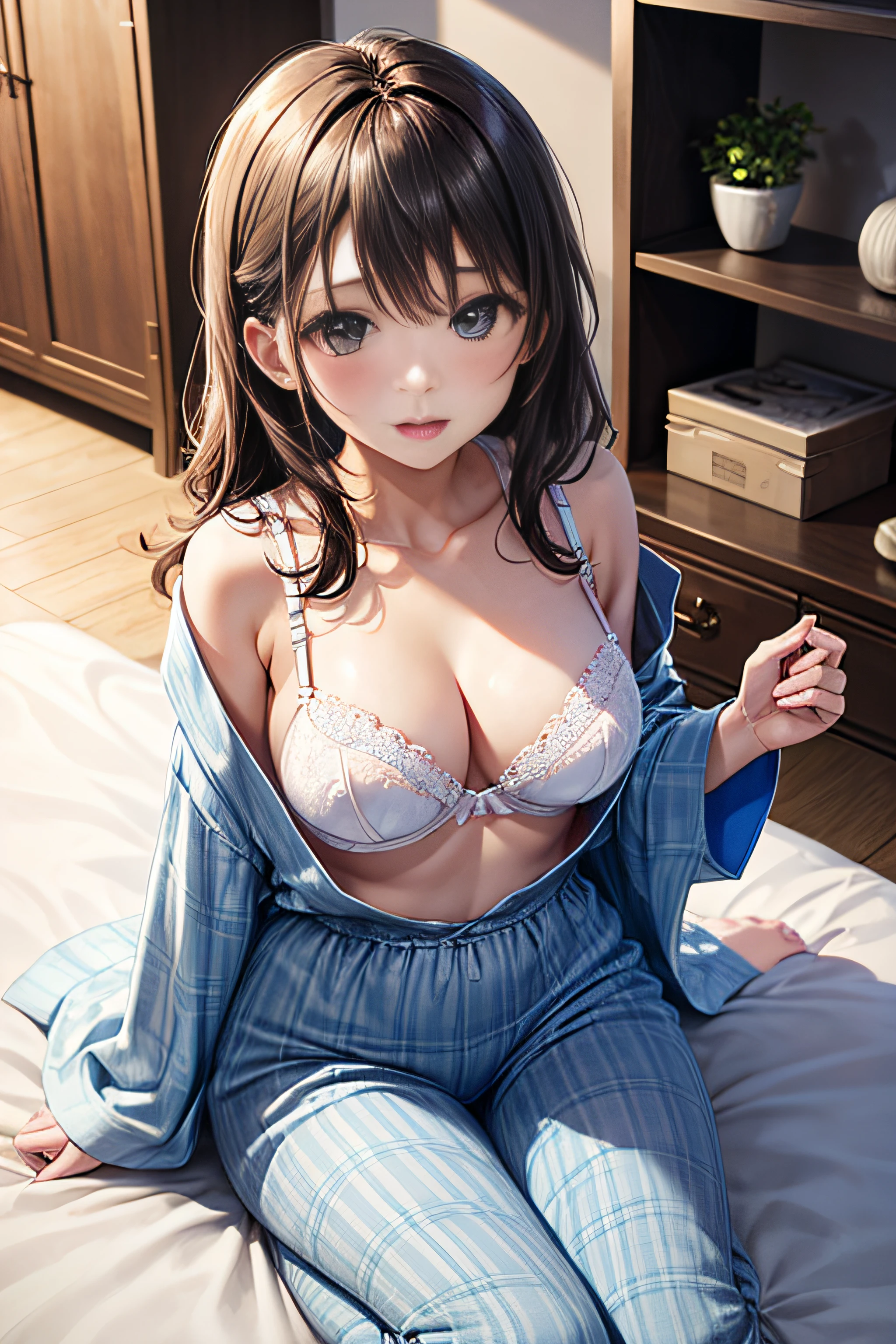 (obra prima、qualidade superior)、NSFW、1 girl in Japan、s Pijamas、Fio dental branco sem costura、White shelf bra、quarto、、Durma bem de costas、