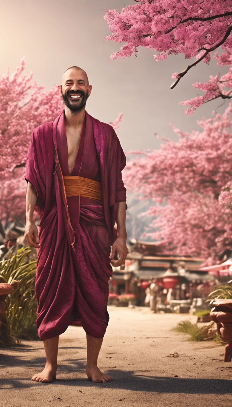 Realistic, Masterpiece, Intricate details, Detailed background, Depth of field, Handsome photo , Interesting Ecchus, loincloth, Onsen, Beard, (30 years old), Dynamic pose, cherry blossom,, (Fake smile:0.6), buzz cut,Goatee,Fake smile,laughingly, view the viewer, Expressive, Legs spread, Bulge