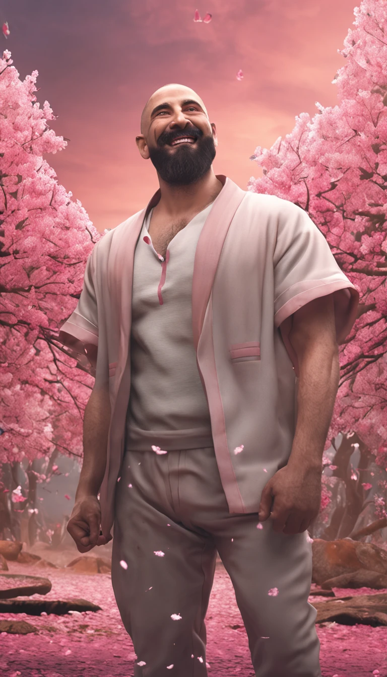 Realistic, Masterpiece, Intricate details, Detailed background, Depth of field, Handsome photo , Interesting Ecchus, loincloth, Onsen, Beard, (30 years old), Dynamic pose, cherry blossom,, (Fake smile:0.6), buzz cut,Goatee,Fake smile,laughingly, view the viewer, Expressive, Legs spread, Bulge