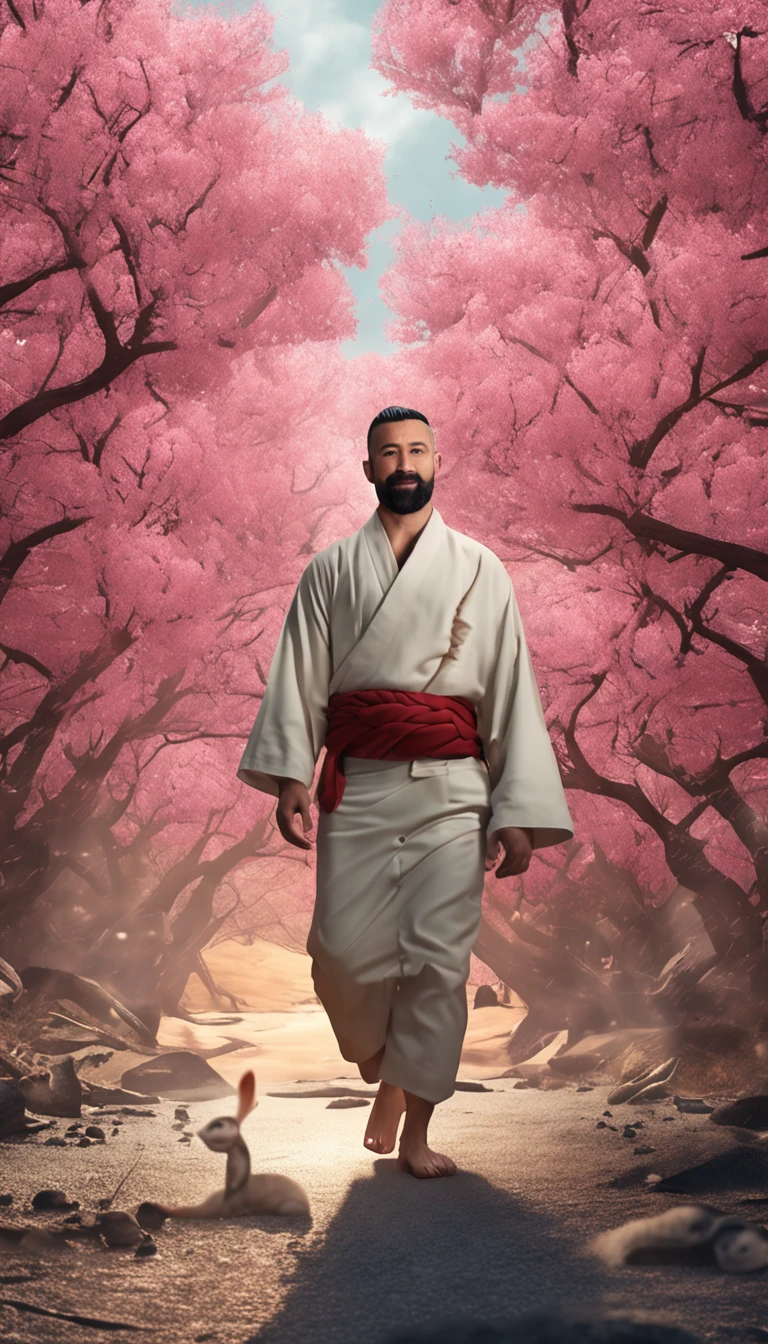 Realistic, Masterpiece, Intricate details, Detailed background, Depth of field, Handsome photo , Interesting Ecchus, loincloth, Onsen, Beard, (30 years old), Dynamic pose, cherry blossom,, (Fake smile:0.6), buzz cut,Goatee,Fake smile,laughingly, view the viewer, Expressive, Legs spread, Bulge