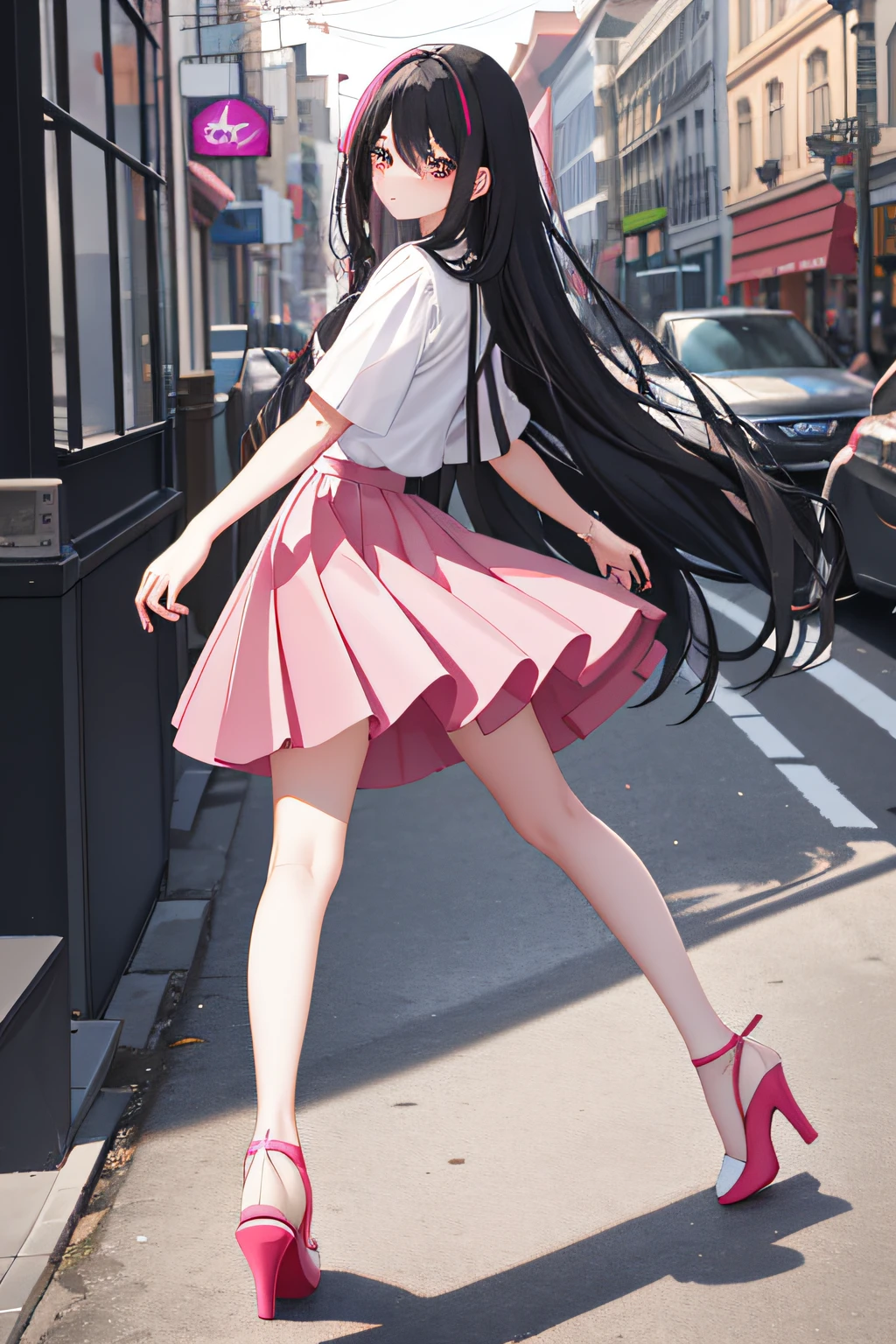 s girl，4k，delicated face，Long black hair，Black colored eyes，Blush，Short pink skirt，white stockings，Pink high-heeled sandals，full bodyesbian，On the street，The edges are illuminated