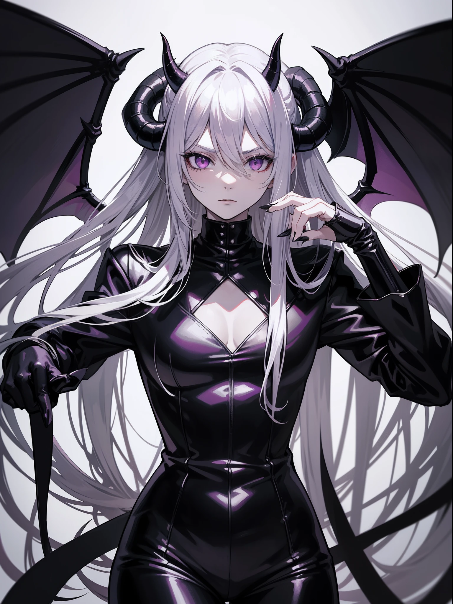 1Demon Man, black|white colored hair, Long hair, Horns, violet eyes, Large Demon Wings, indifferent look, They look like this::, muscular, Velvet, leather pants, gotik, Scarlet roses in dew