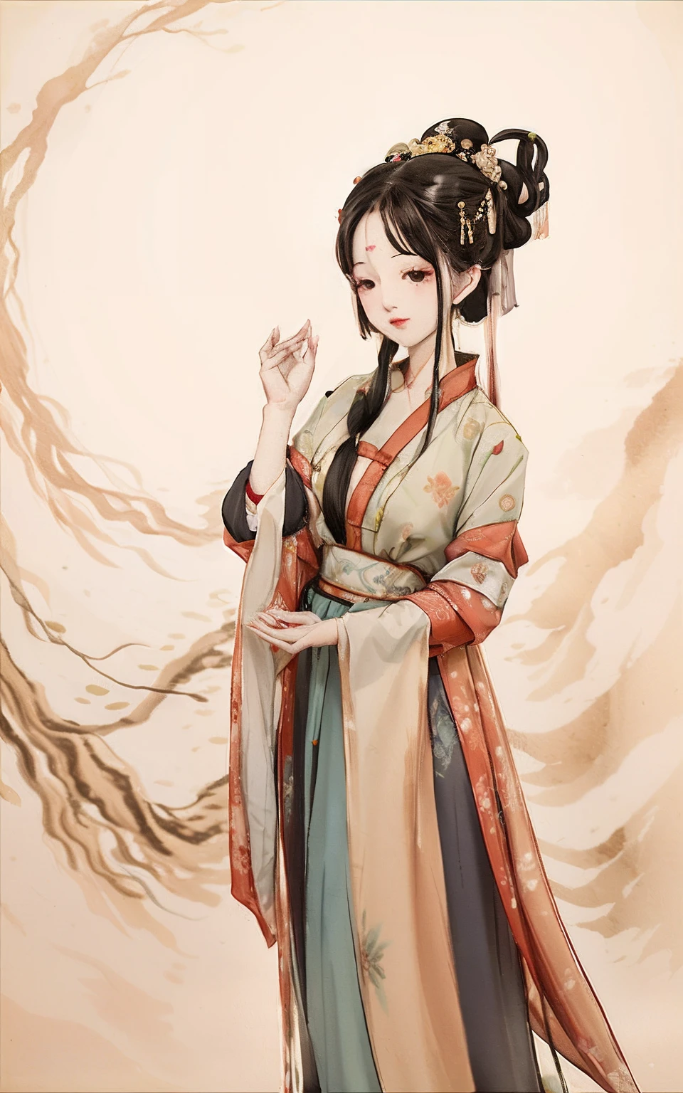 shukezouma, Negative space, , shuimobysim , Portrait of a woman standing , Willow branches, (Masterpiece, Best quality:1.2), Traditional Chinese Ink Painting, ModelShoot style, Peaceful, (Smile), view the viewer, wearing long hanfu, Hanfu, Song, Willow tree in background, wuchangshuo,